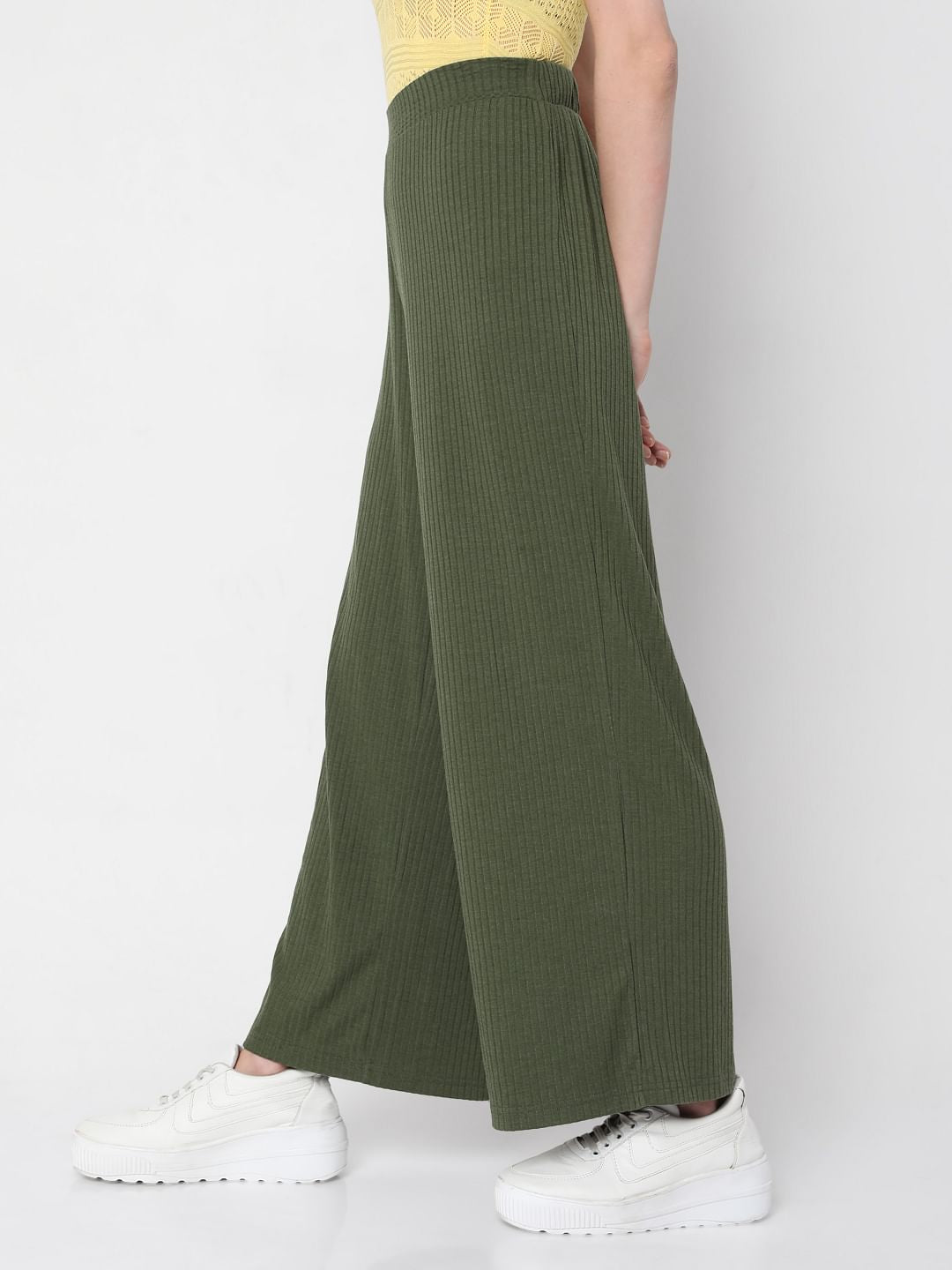 Green Ribbed Wide Leg Pants