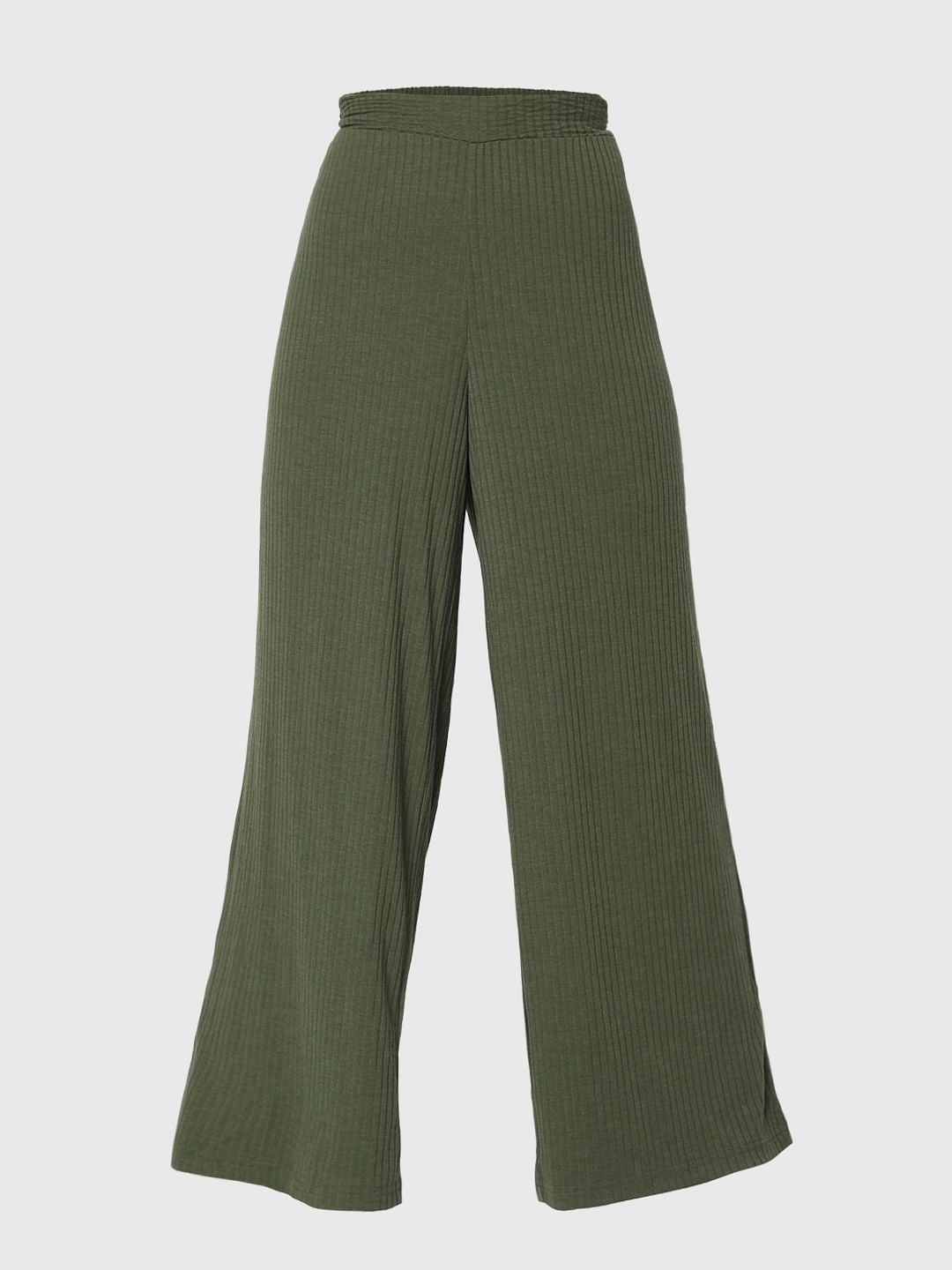 Green Ribbed Wide Leg Pants