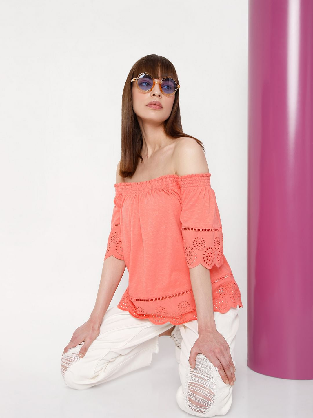 Coral Off Shoulder Schiffli Top