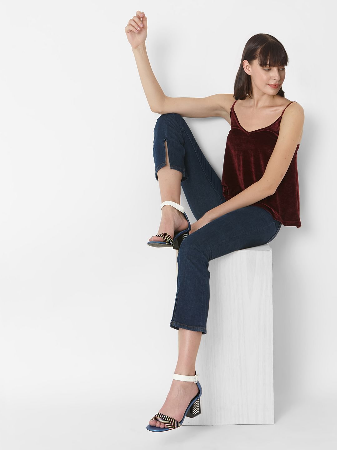 Blue Mid Rise Slit Hem Flared Jeans