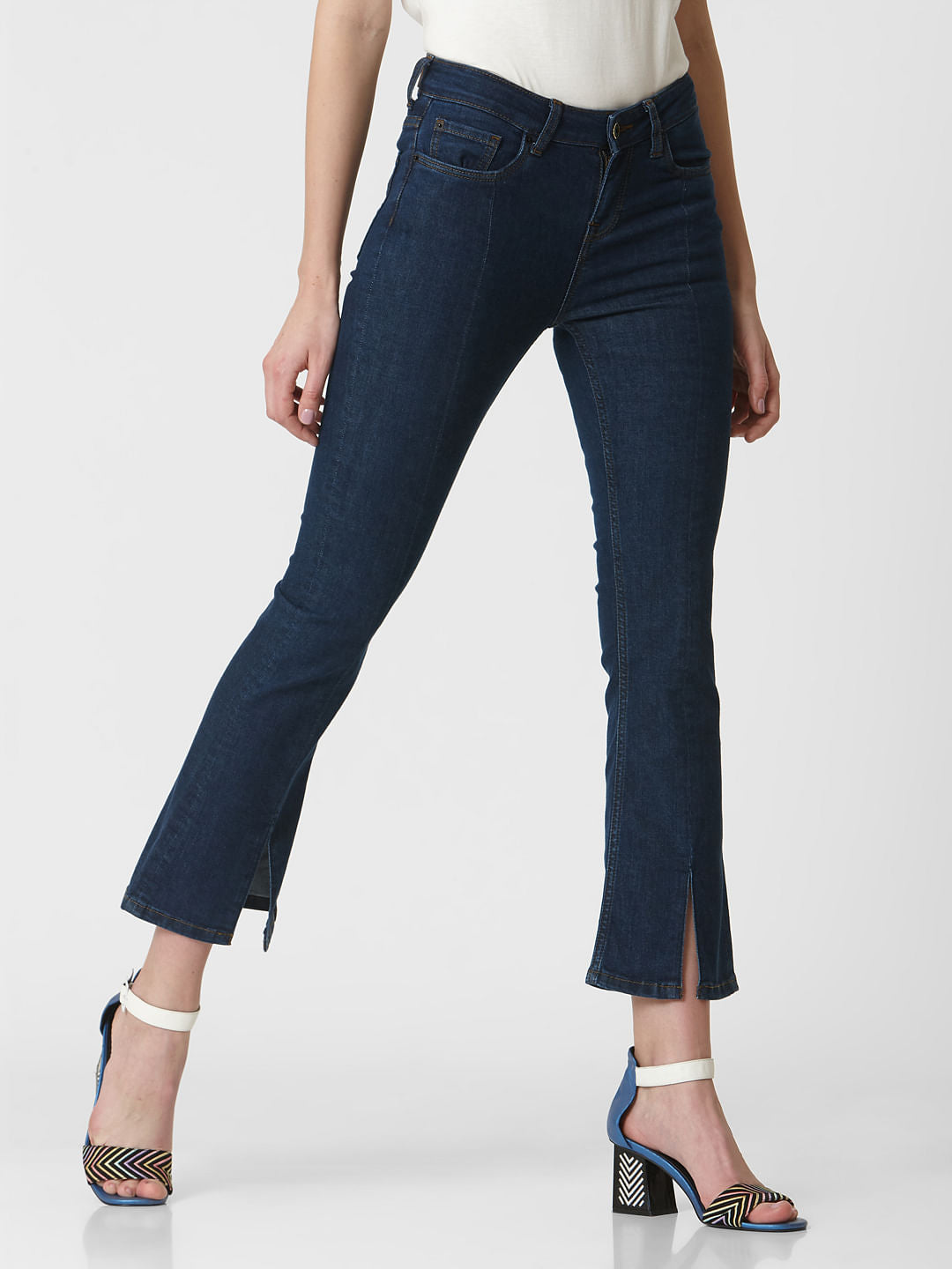 Blue Mid Rise Slit Hem Flared Jeans
