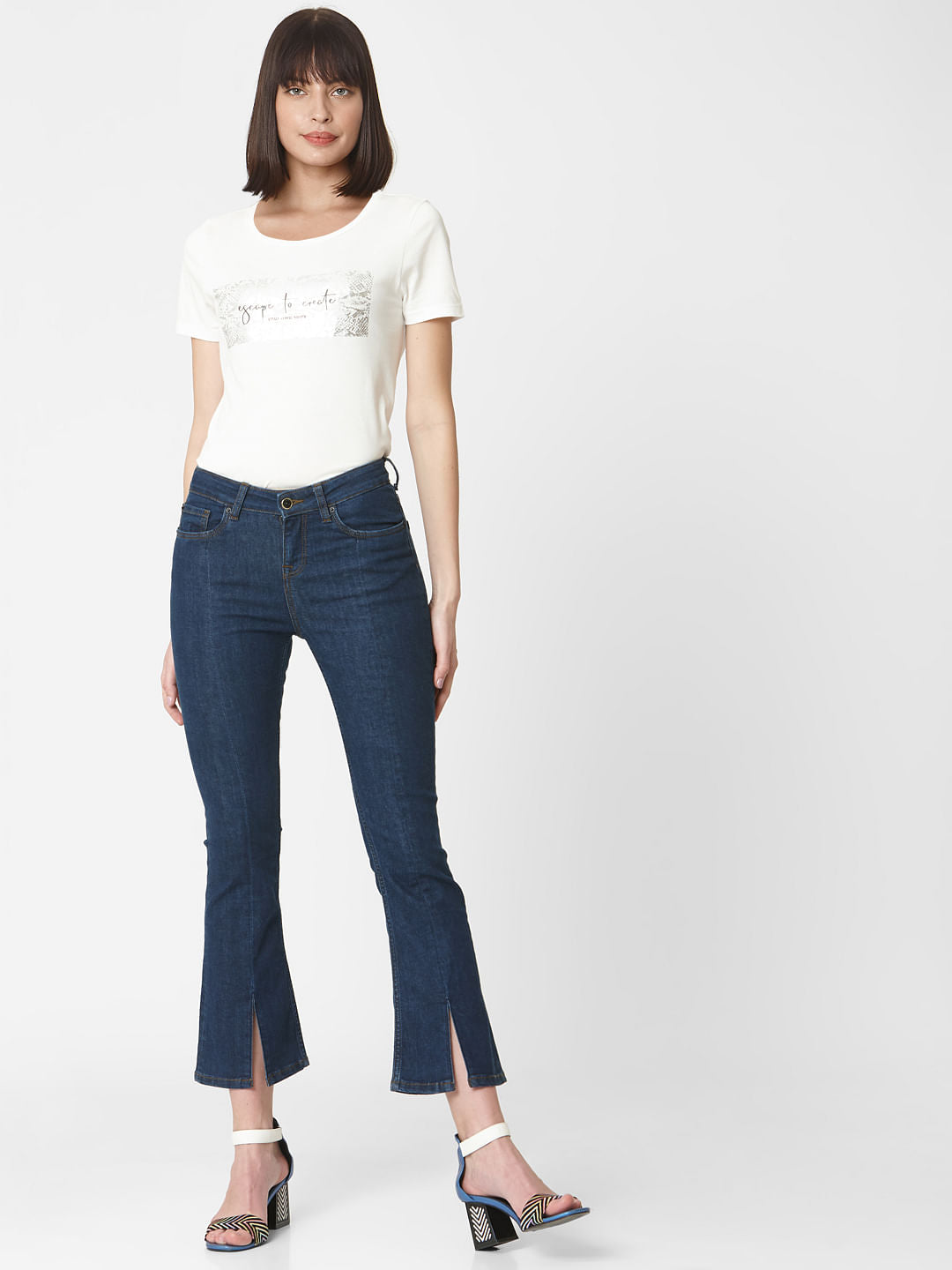 Blue Mid Rise Slit Hem Flared Jeans