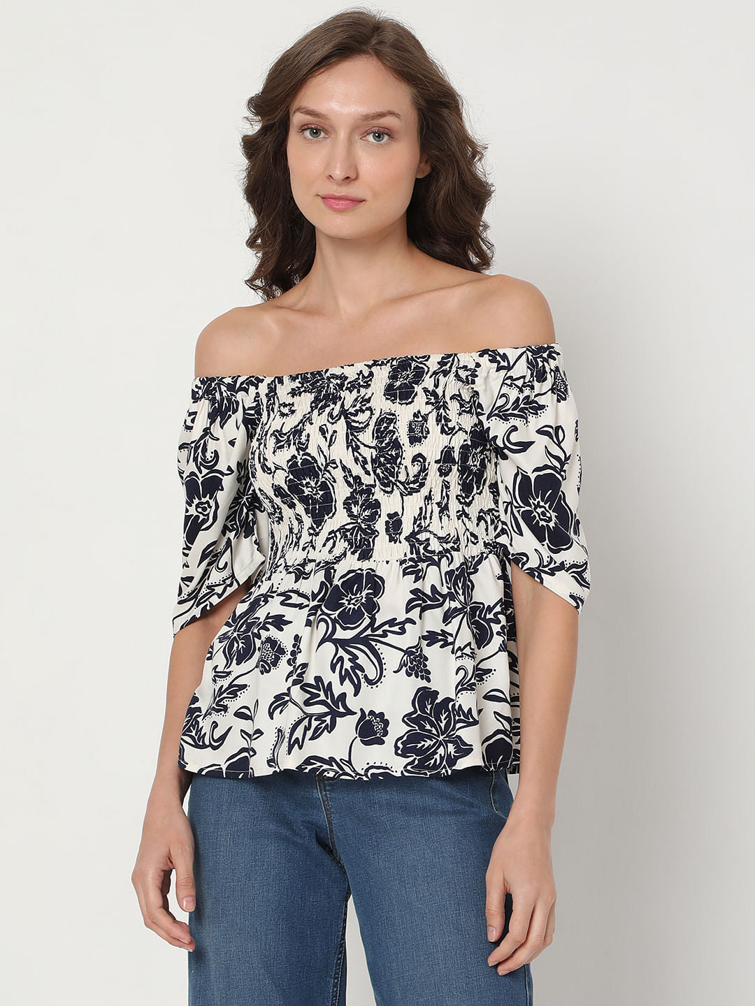 Beige Floral Print Off-Shoulder Top