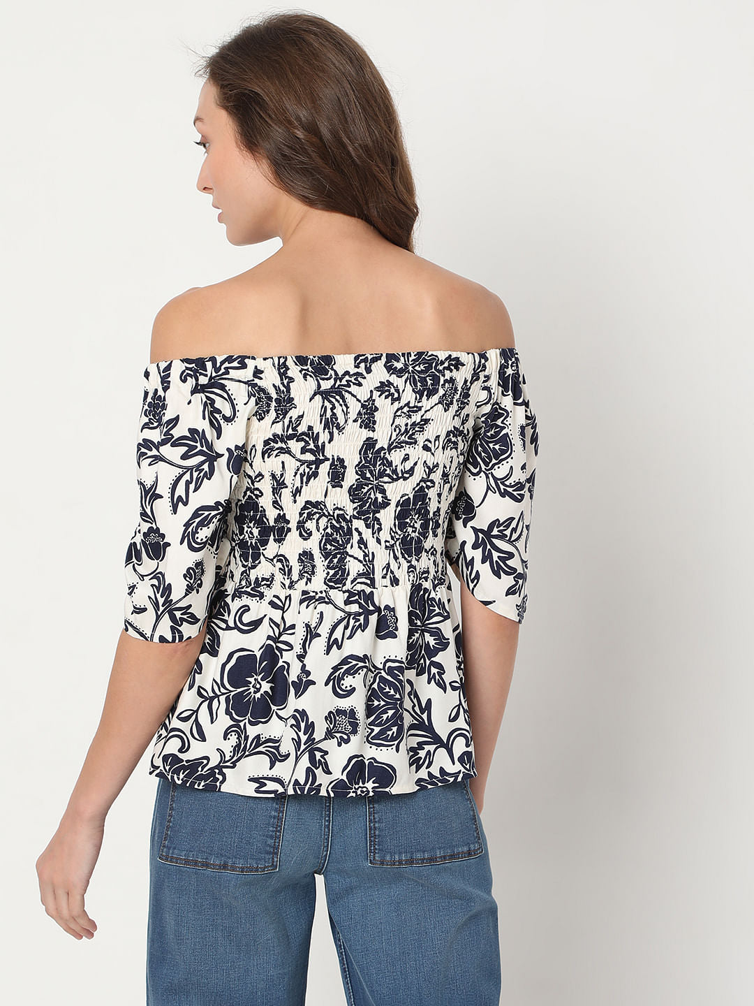 Beige Floral Print Off-Shoulder Top