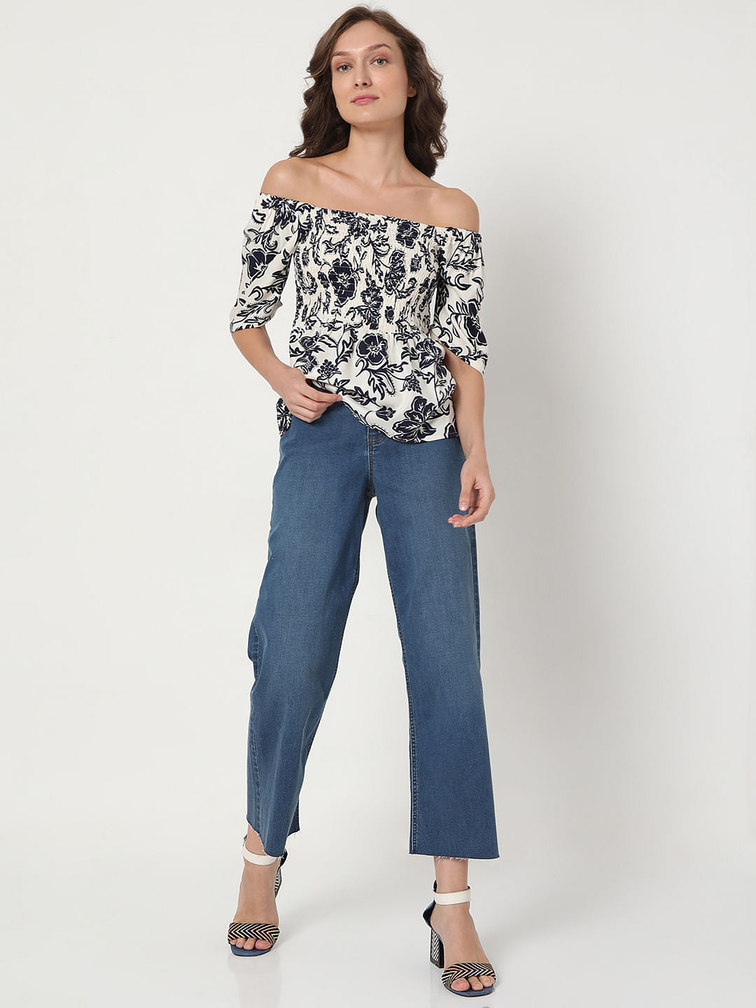 Beige Floral Print Off-Shoulder Top