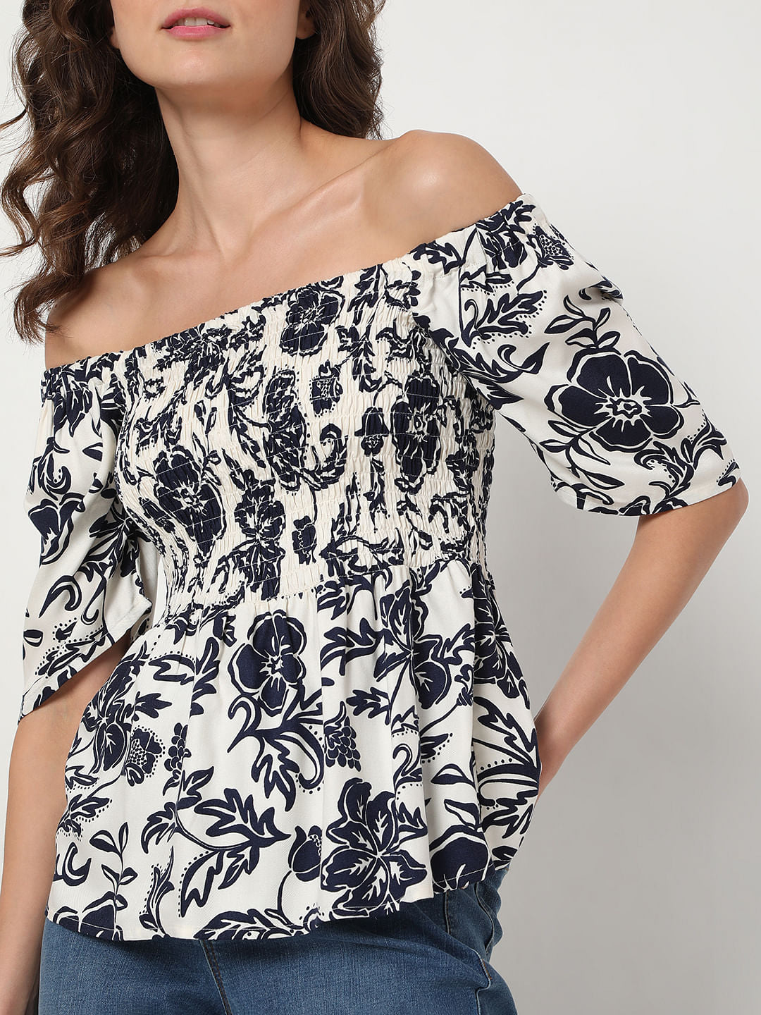 Beige Floral Print Off-Shoulder Top