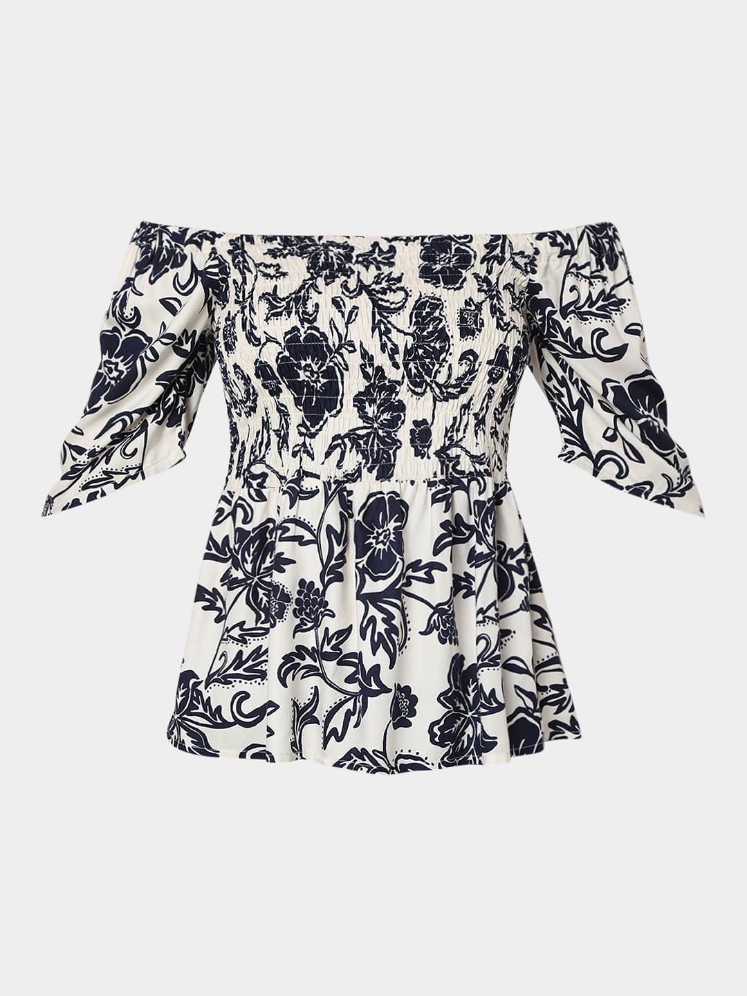 Beige Floral Print Off-Shoulder Top