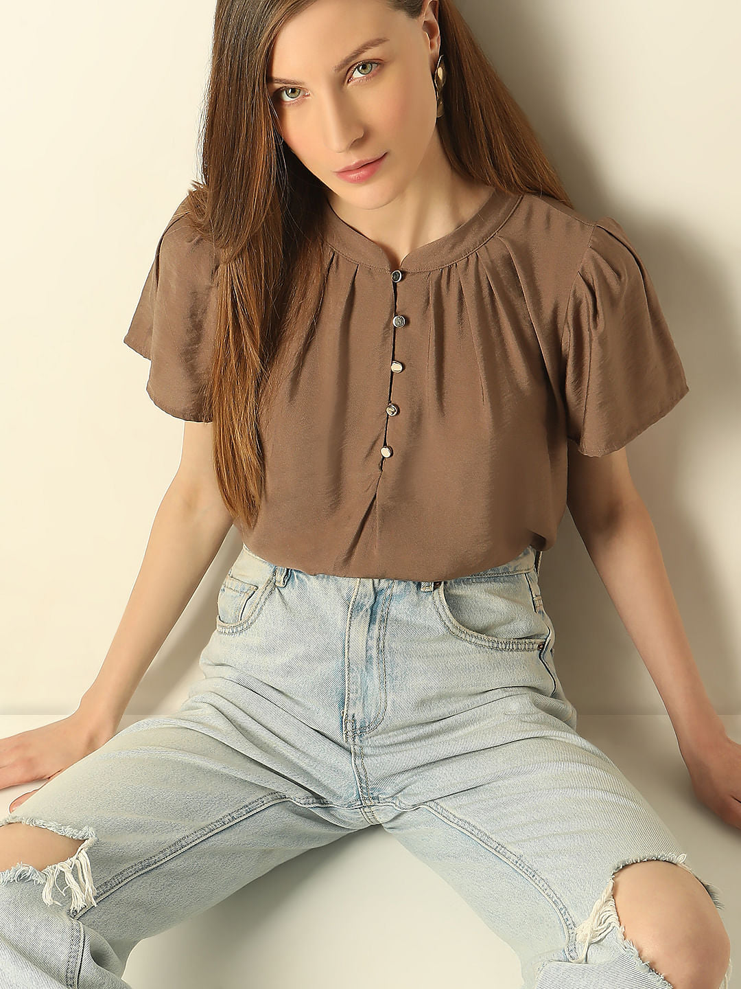 Brown Short Sleeves Top