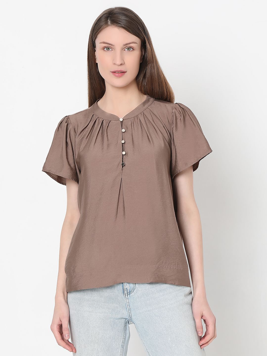 Brown Short Sleeves Top