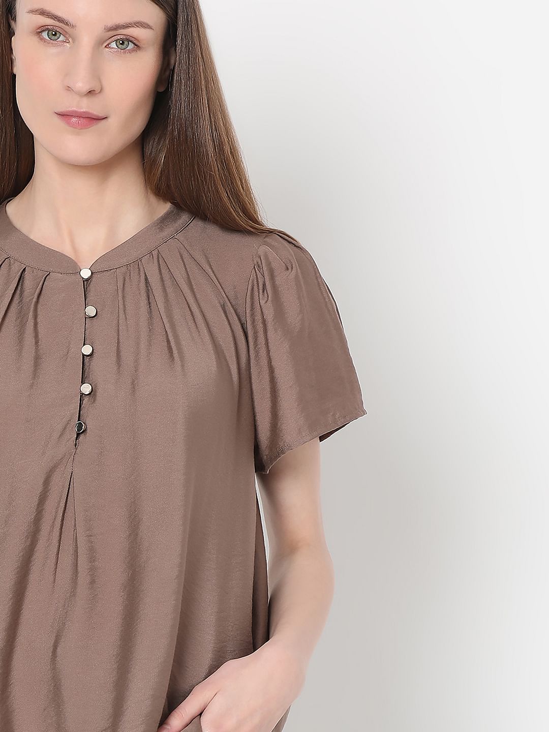 Brown Short Sleeves Top
