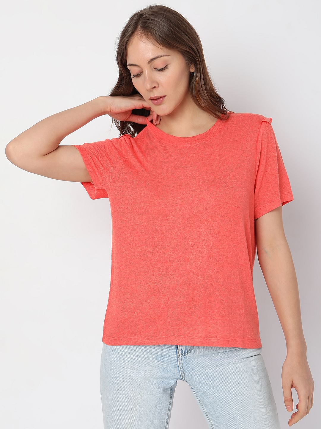 Coral Ruffle Detail T-Shirt