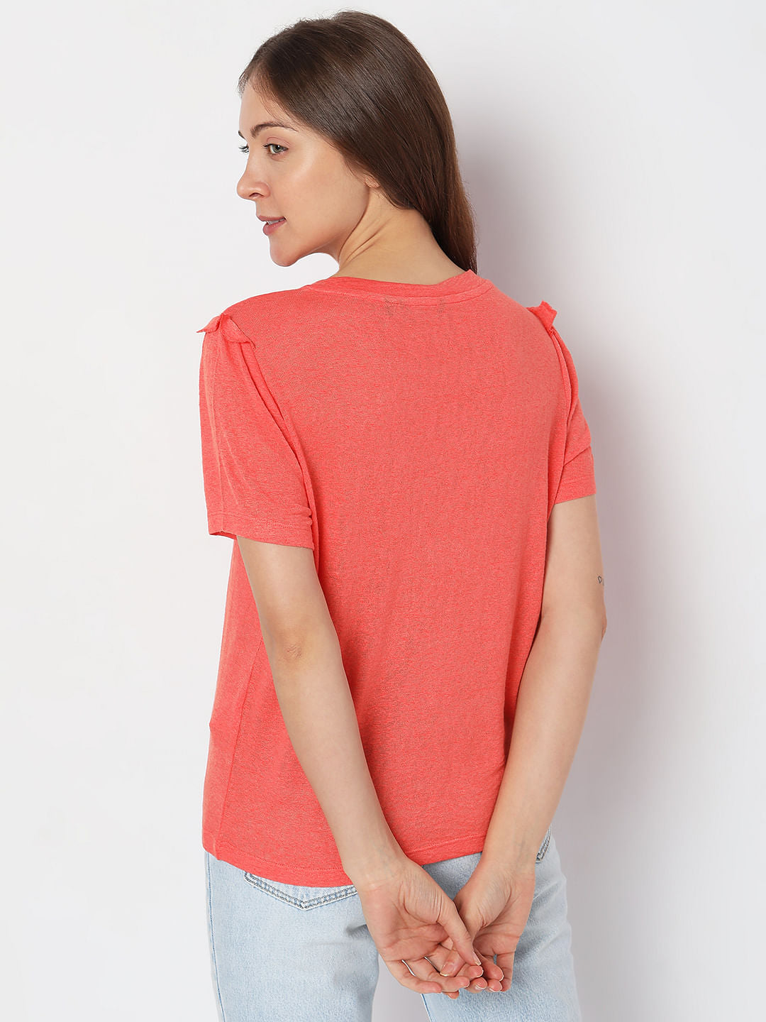 Coral Ruffle Detail T-Shirt