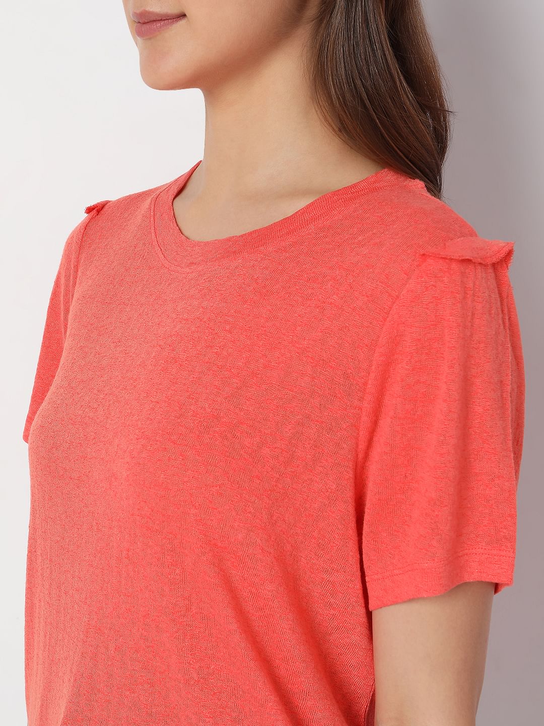 Coral Ruffle Detail T-Shirt
