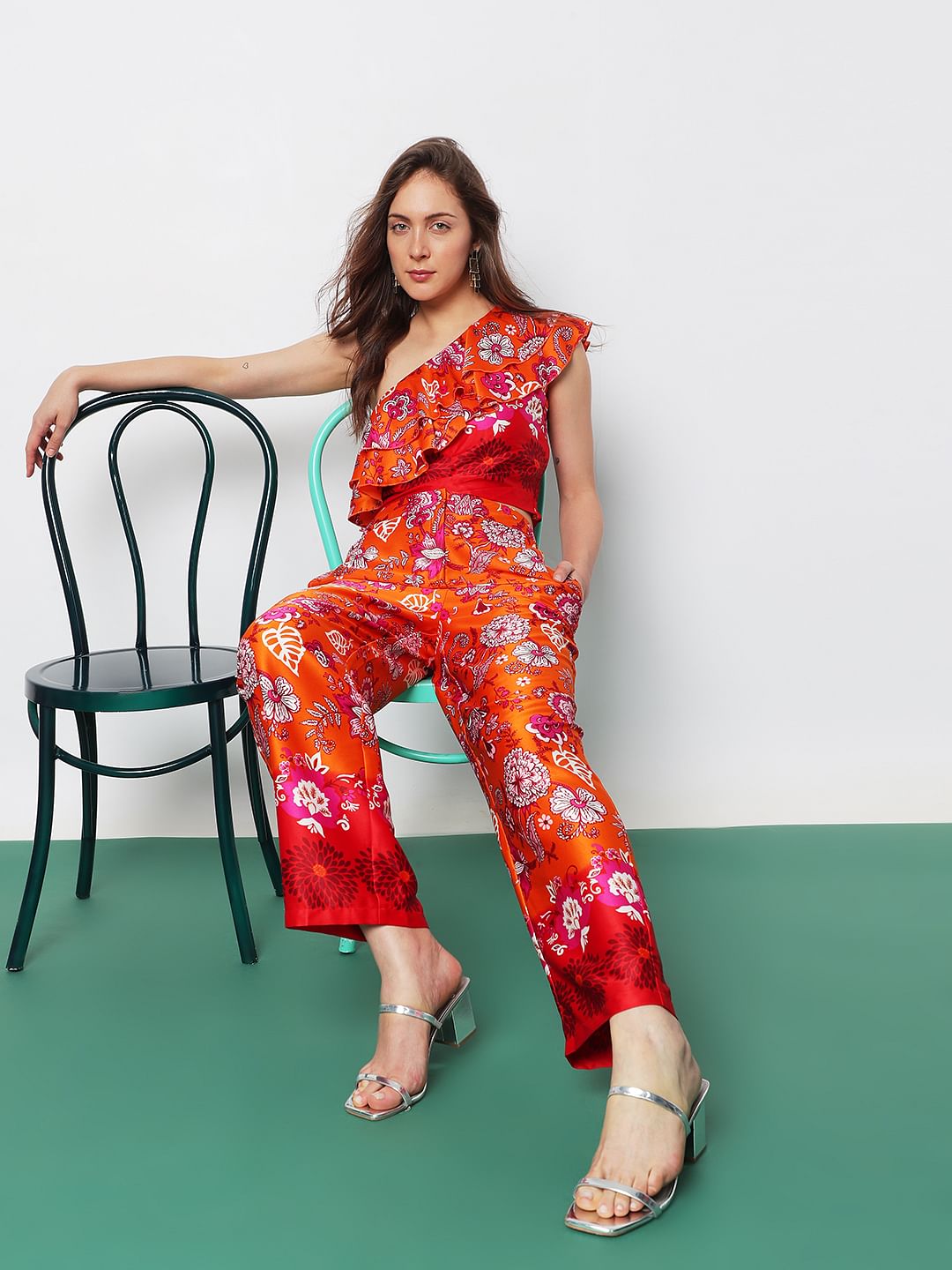 Orange High Rise Floral Co-ord Pants