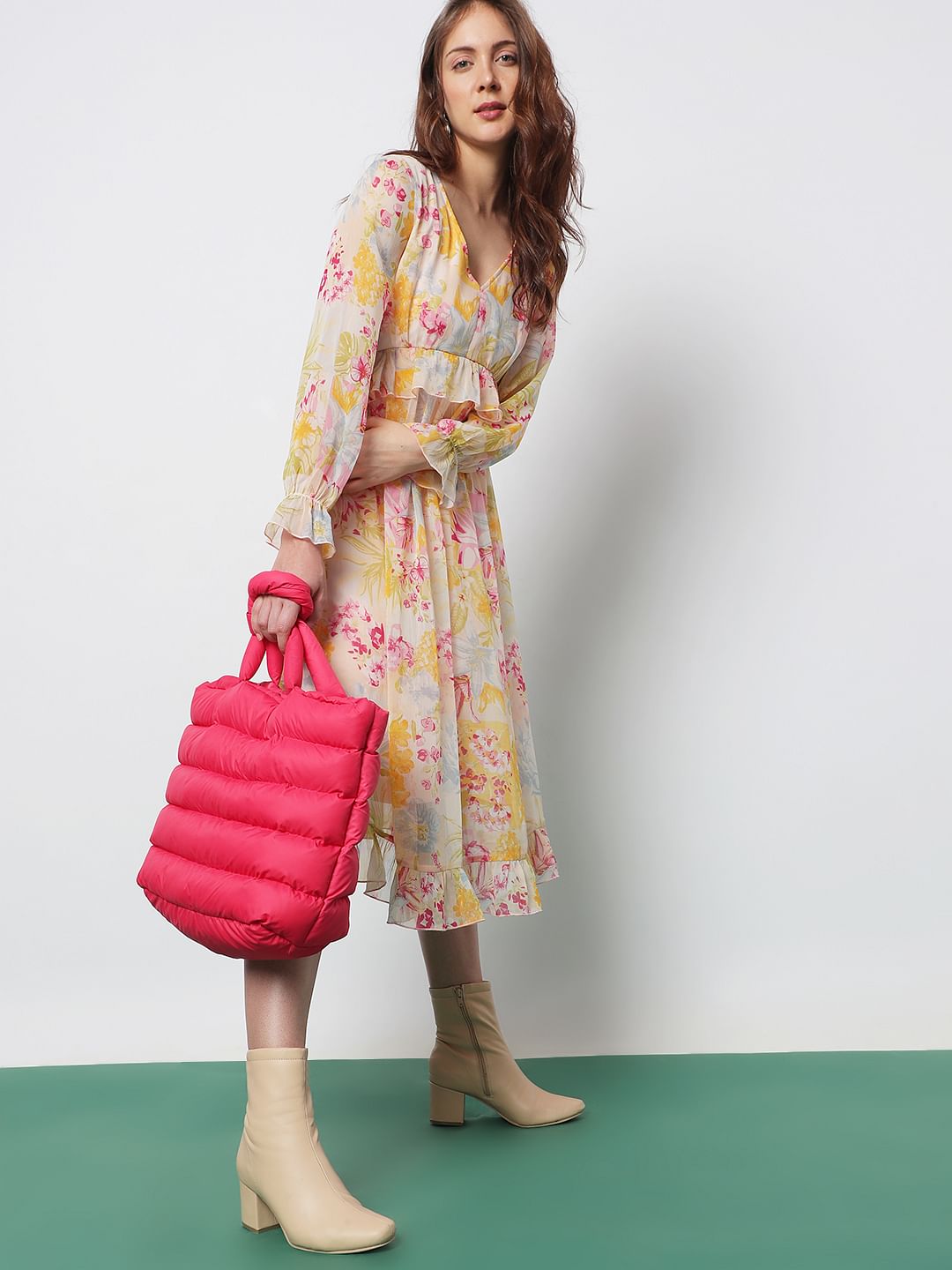 Beige Floral Midi Dress