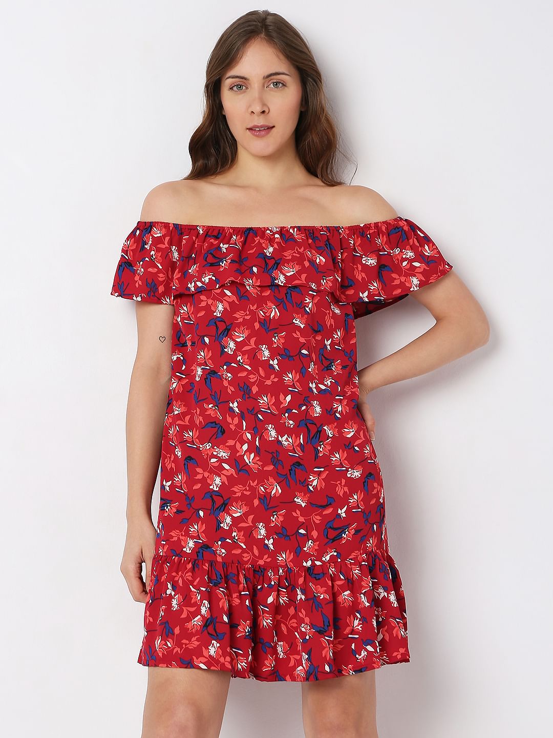 Red Floral Off-Shoulder Dress