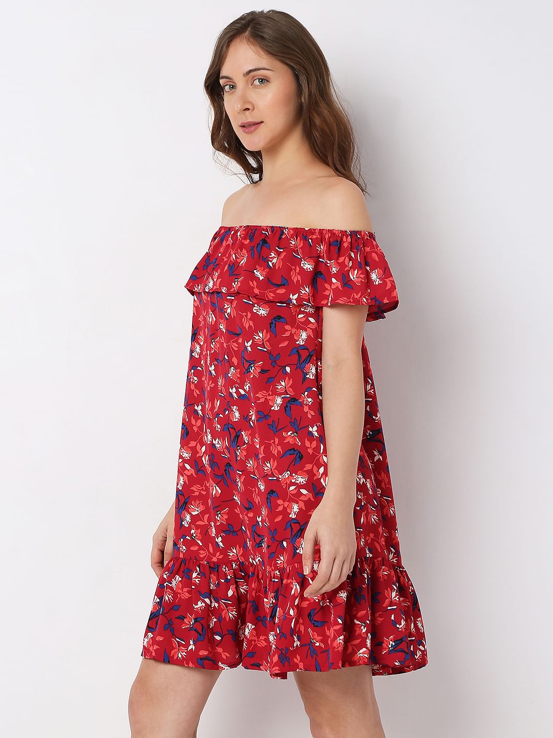 Red Floral Off-Shoulder Dress