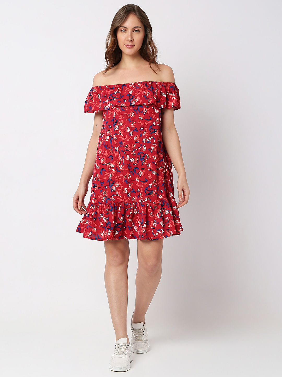 Red Floral Off-Shoulder Dress