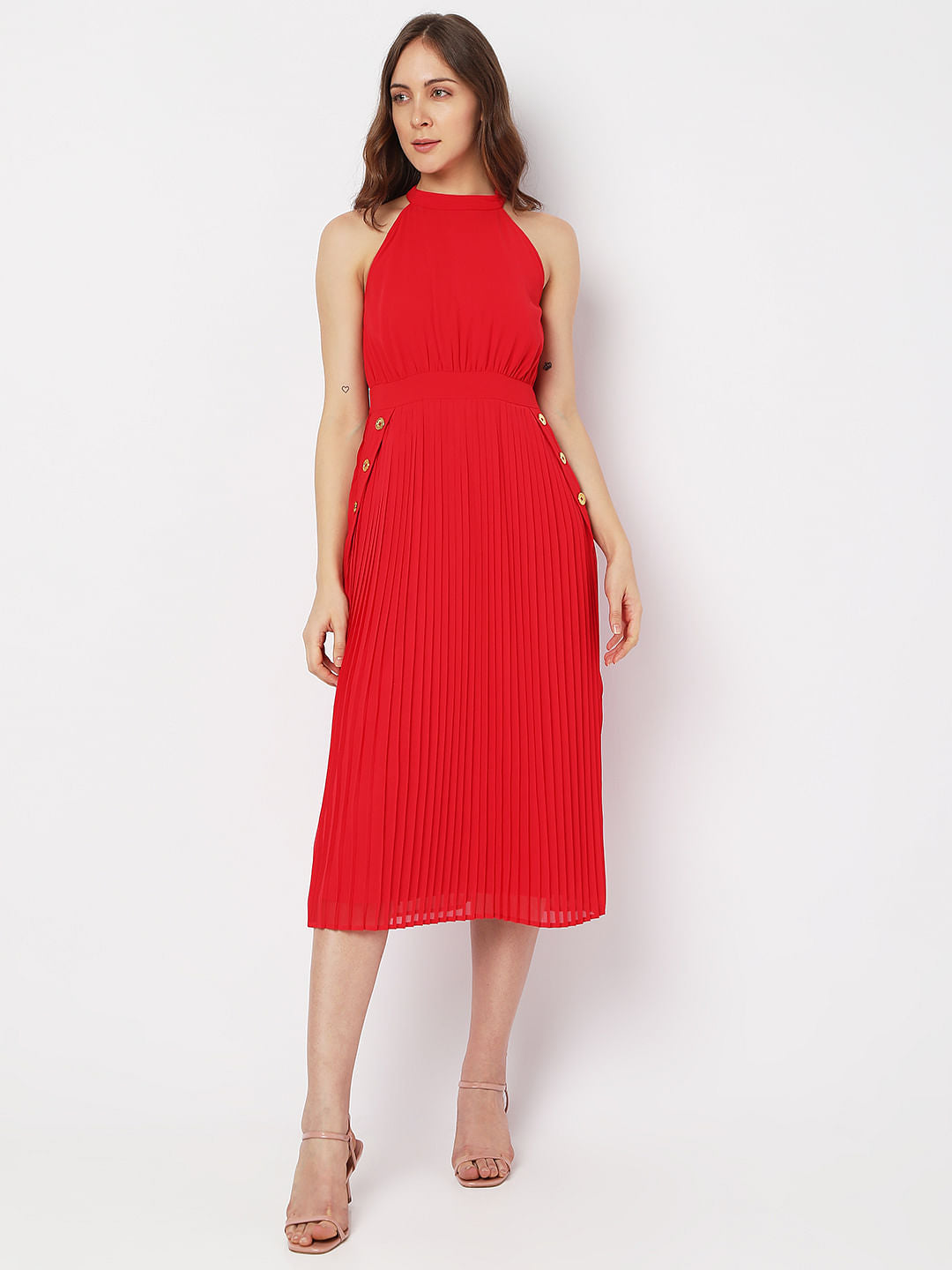 Red Halter Neck Pleated Midi Dress