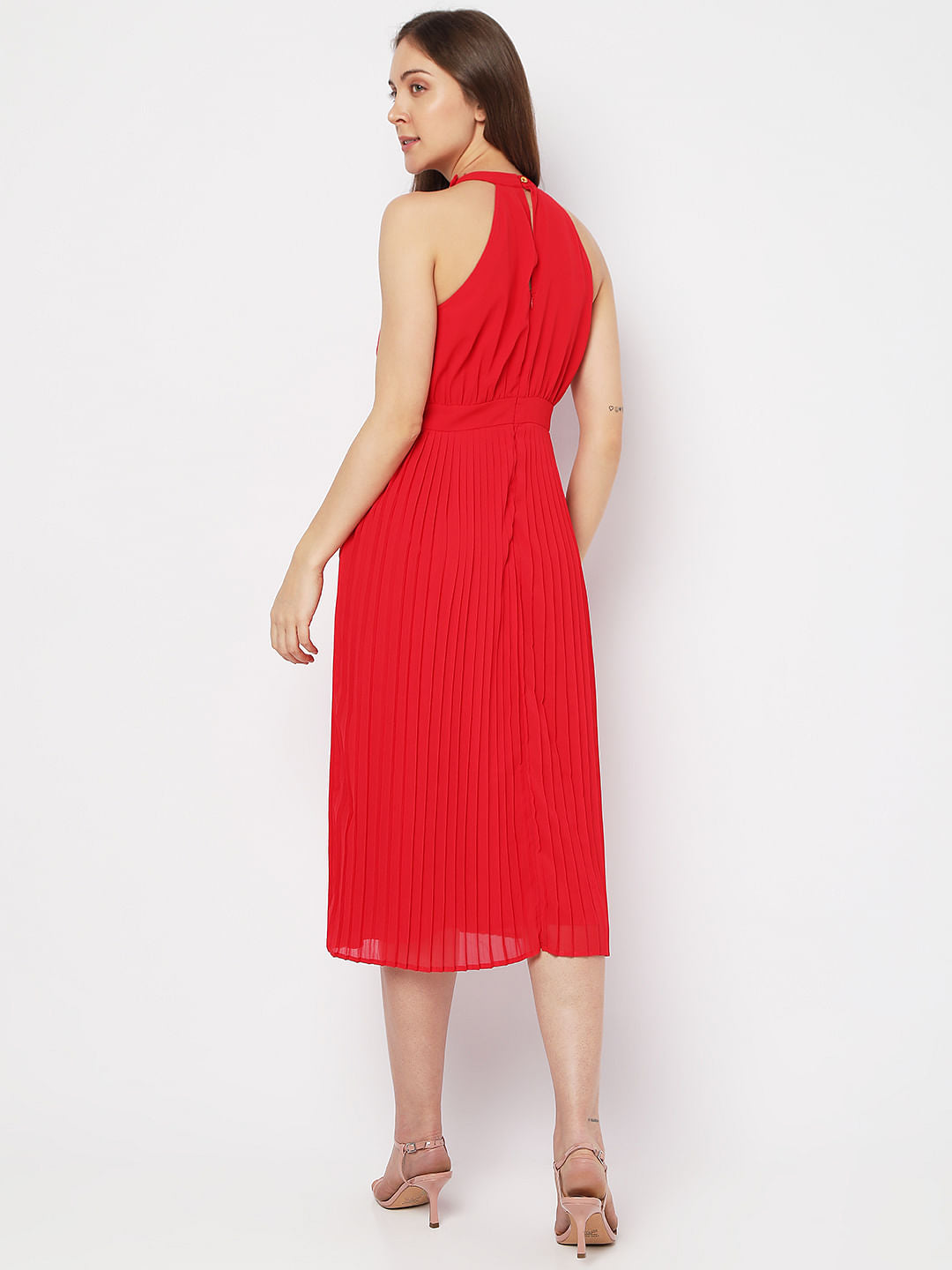 Red Halter Neck Pleated Midi Dress