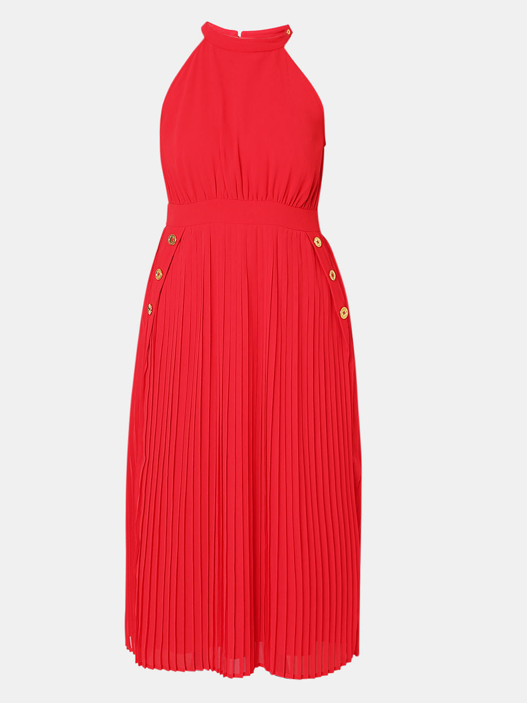 Red Halter Neck Pleated Midi Dress