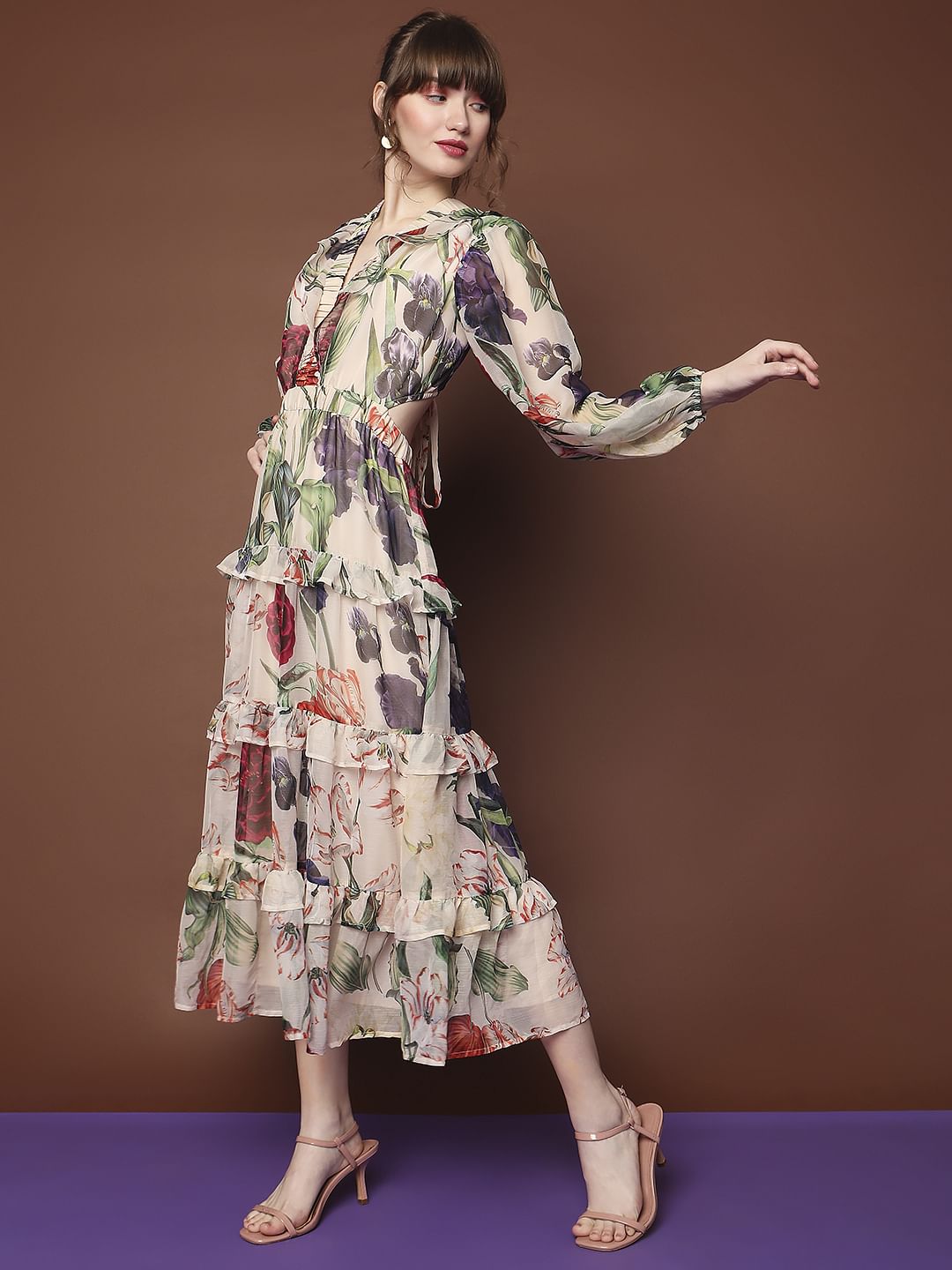 Marquee Beige Floral Print Midi Dress