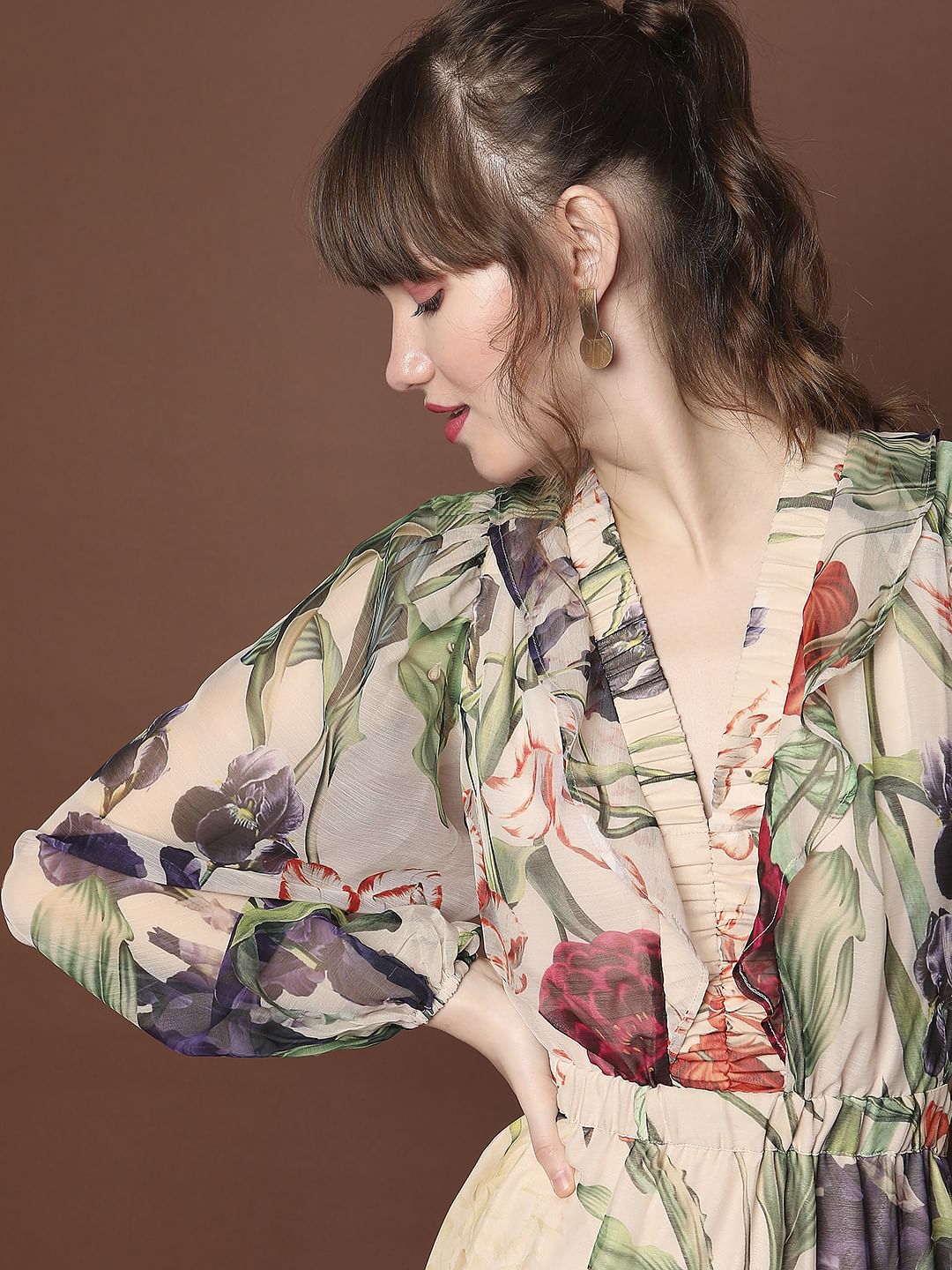 Marquee Beige Floral Print Midi Dress