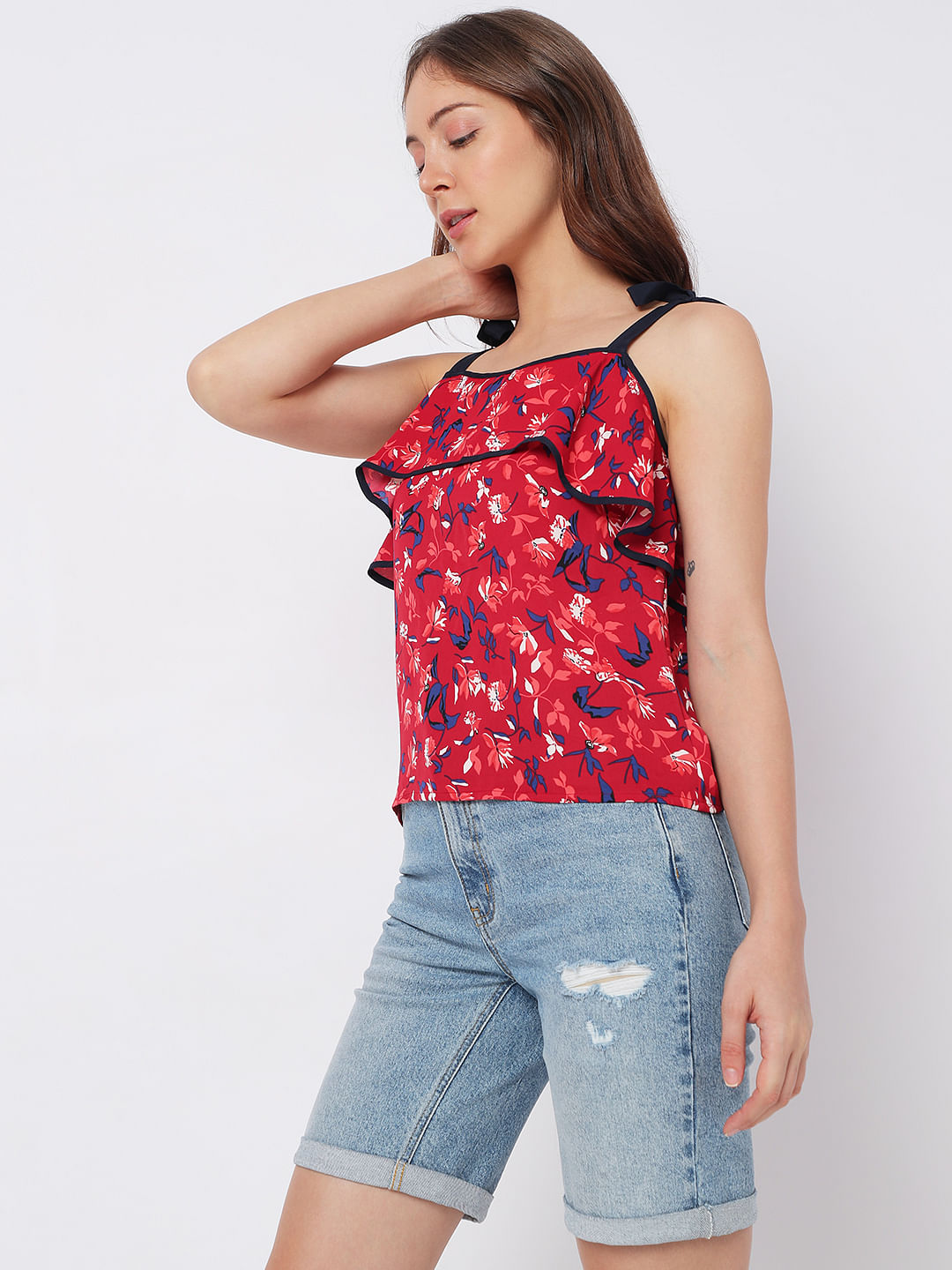 Red Floral Tie-Up Top