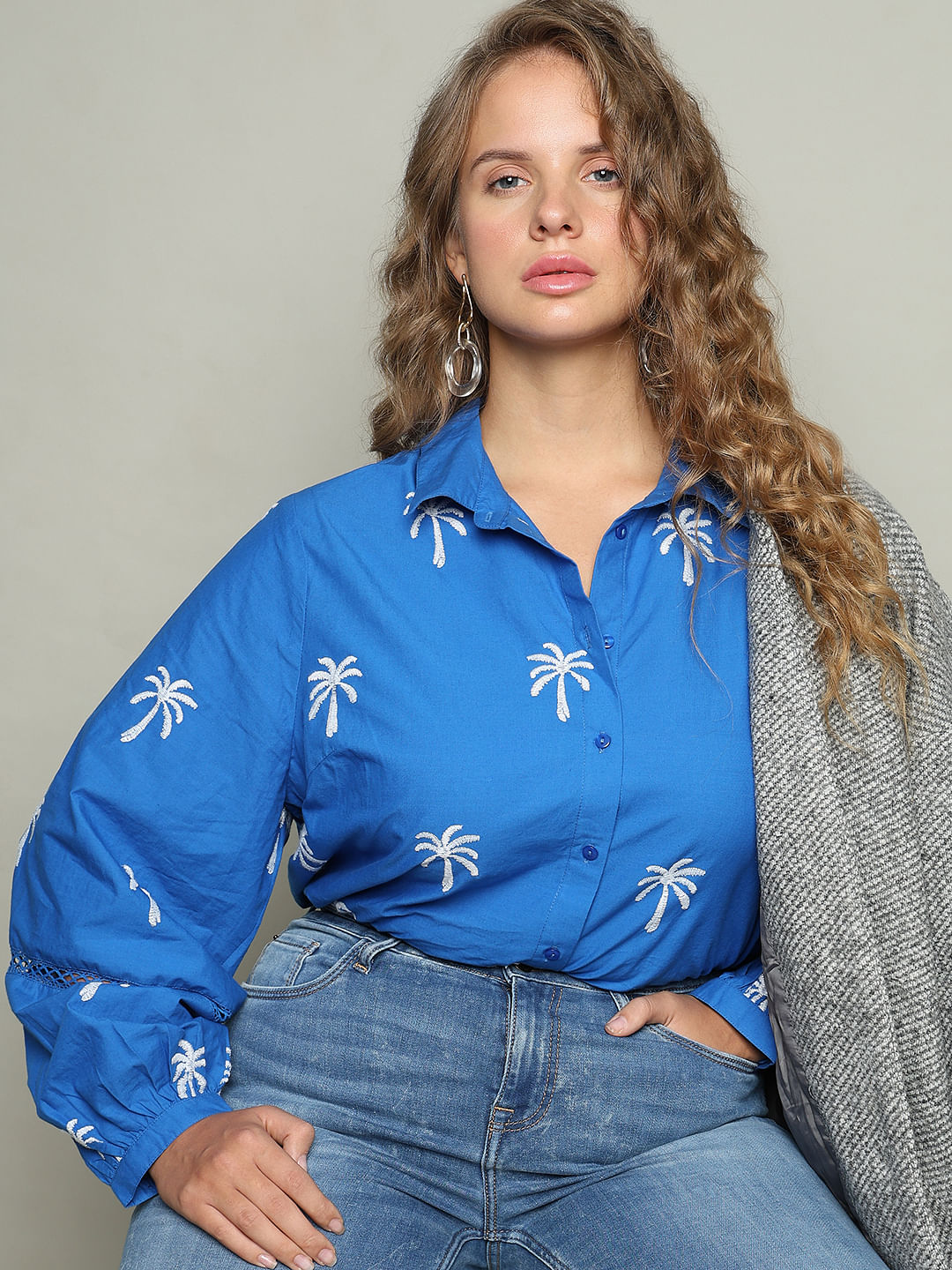 Curve Blue Floral Print Shirt