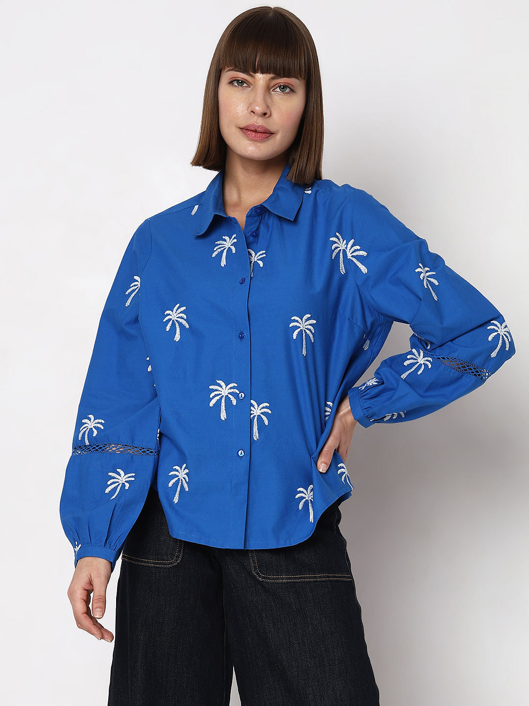 Blue Floral Embroidered Shirt