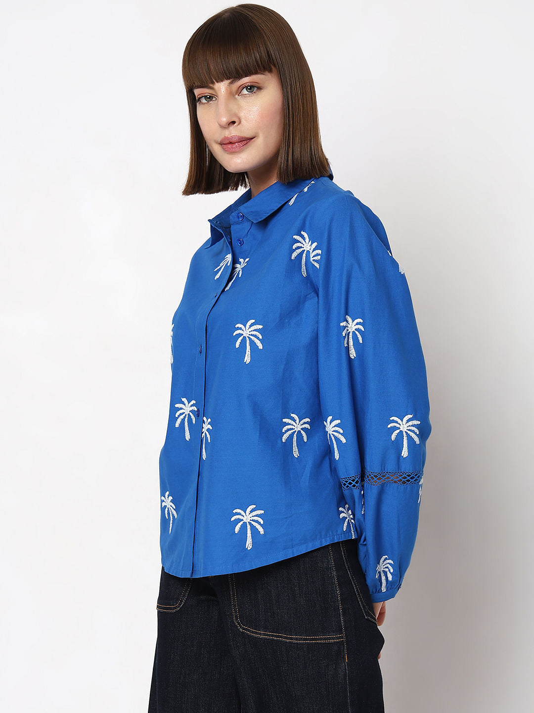 Blue Floral Embroidered Shirt