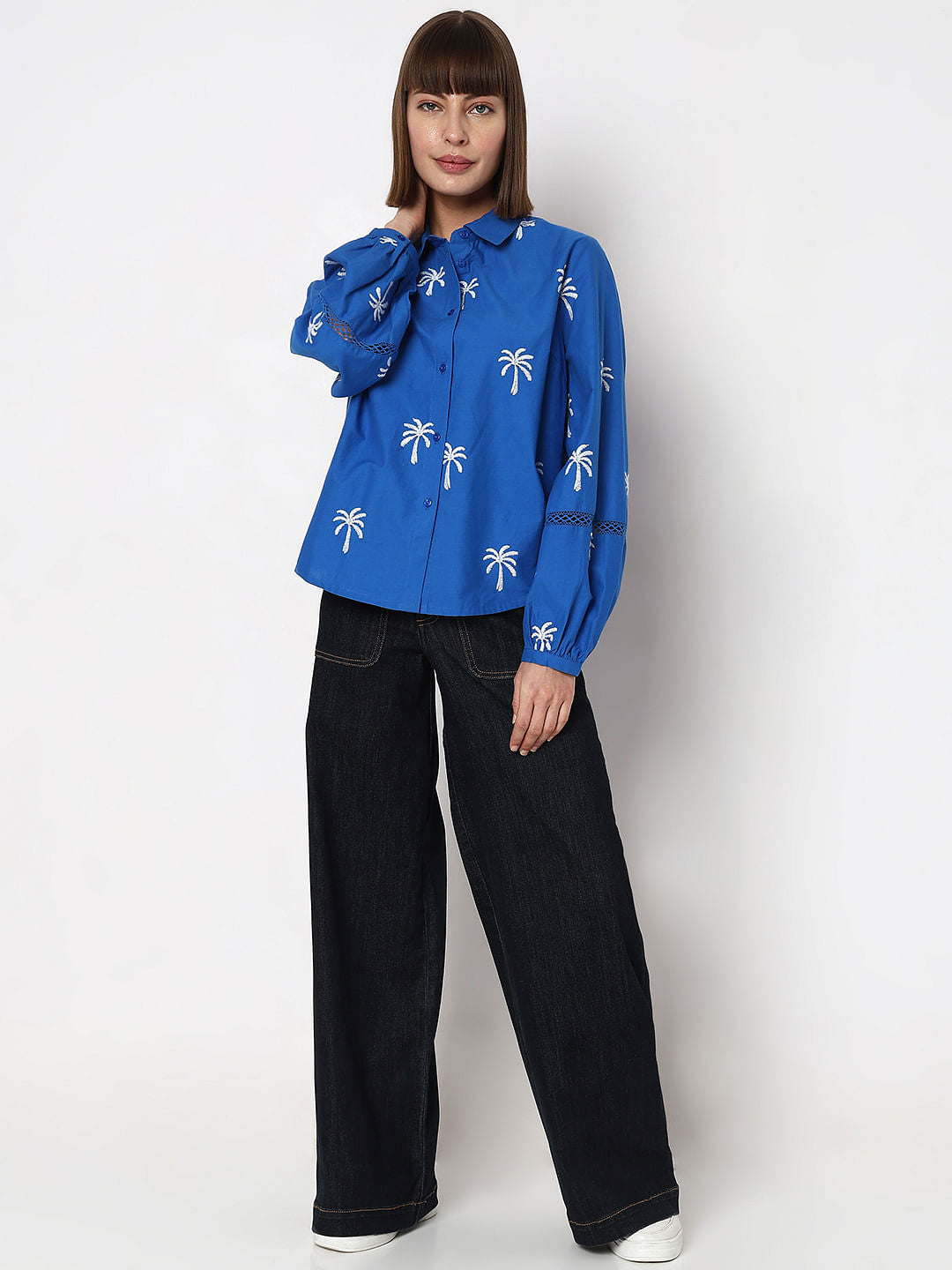 Blue Floral Embroidered Shirt