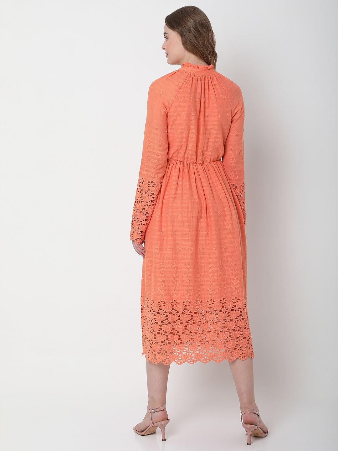 Peach Embroidered Midi Dress
