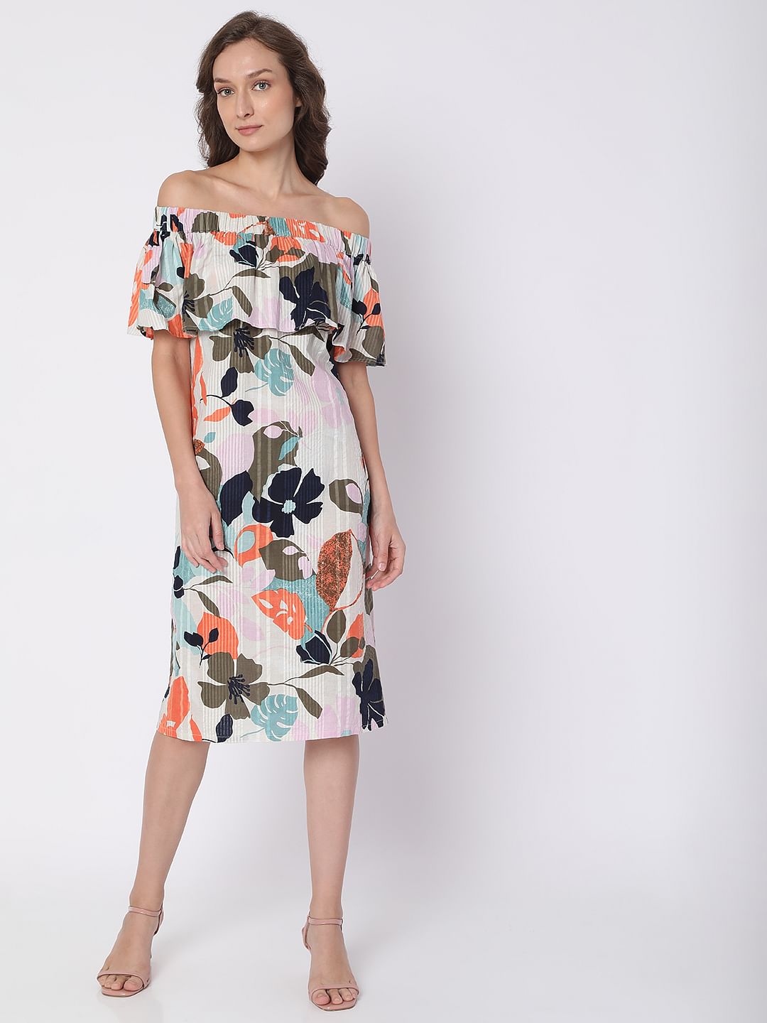 Beige Floral Off-Shoulder Midi Dress