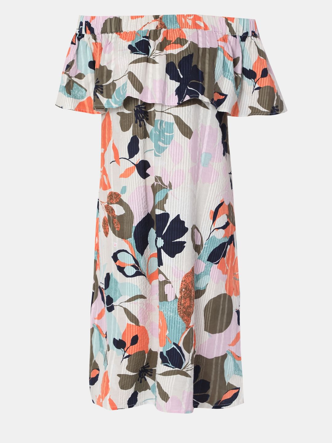 Beige Floral Off-Shoulder Midi Dress