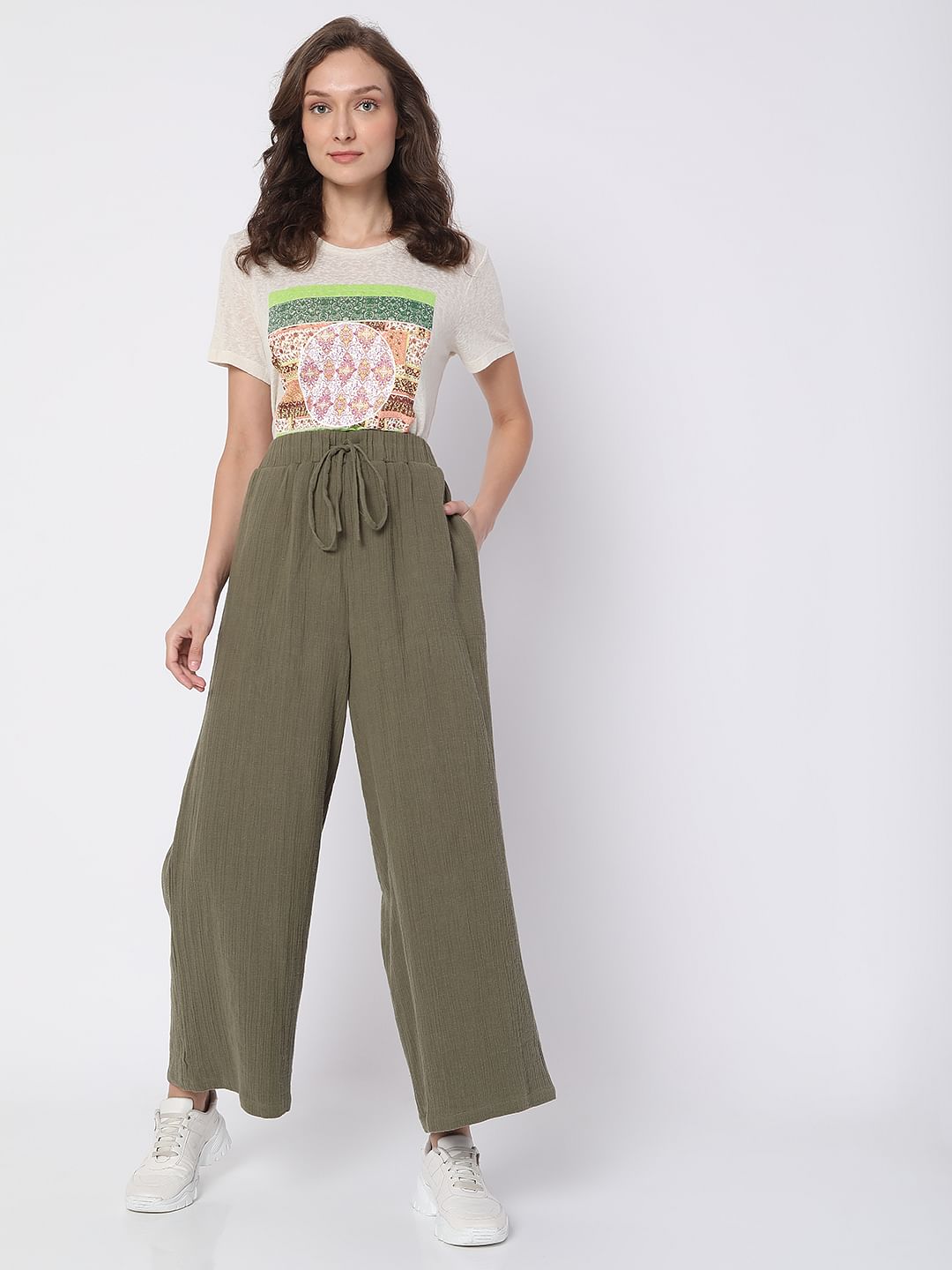 Green High Rise Wide Leg Pants
