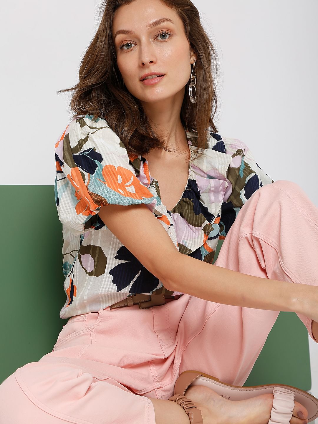 Beige Floral Print Top