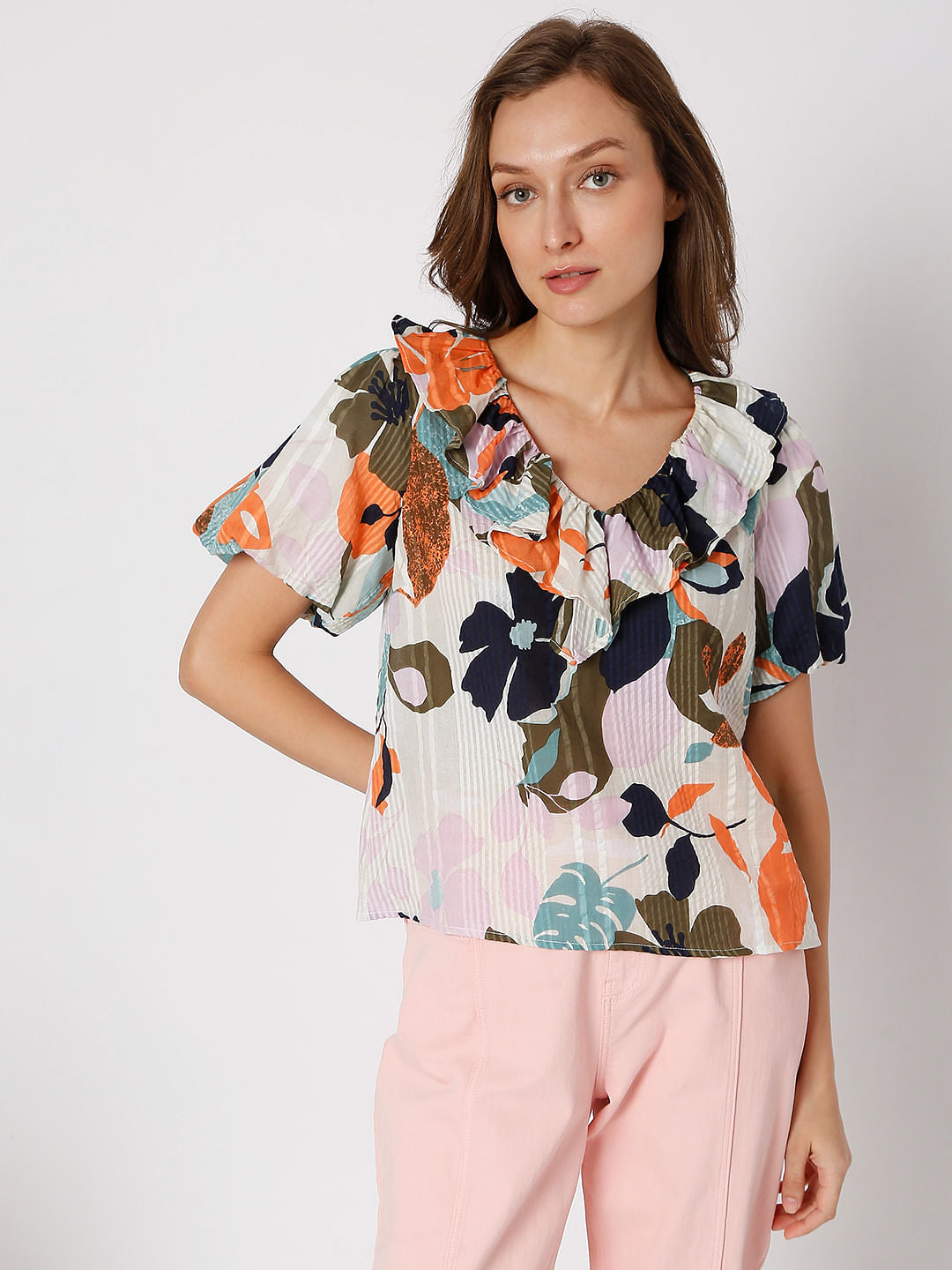 Beige Floral Print Top