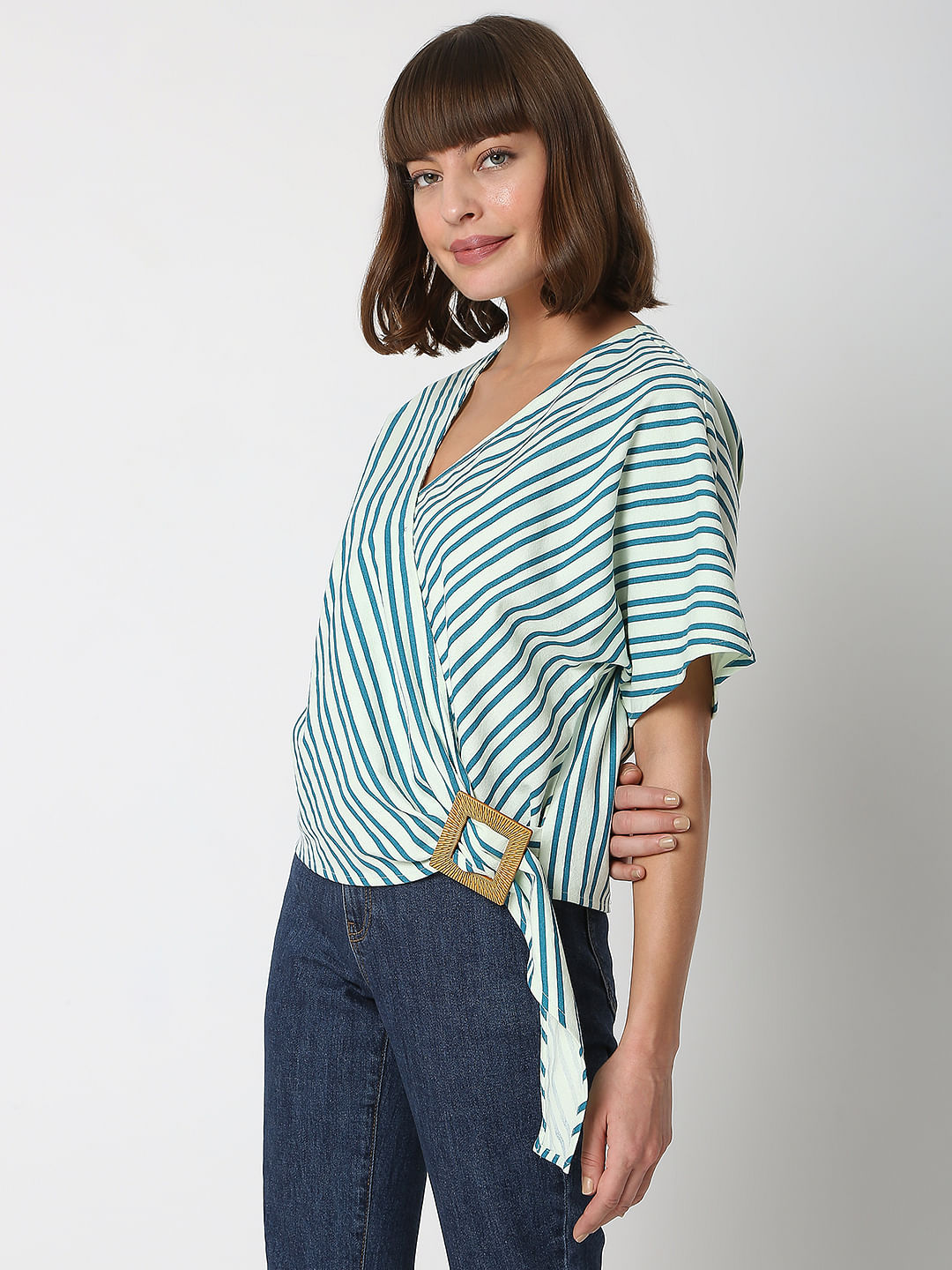 Green Striped Wrap Top