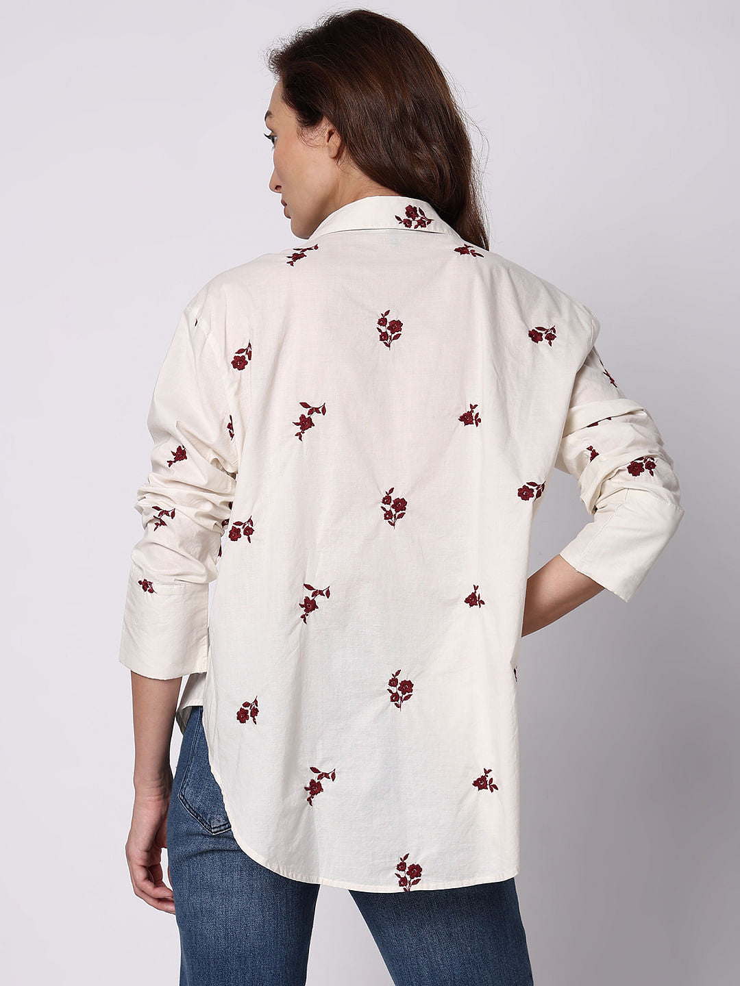Beige Floral Embroidered Shirt