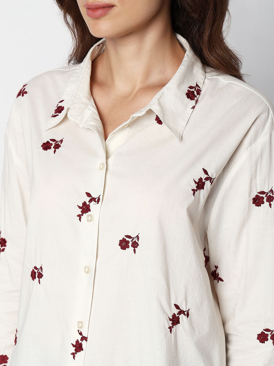 Beige Floral Embroidered Shirt