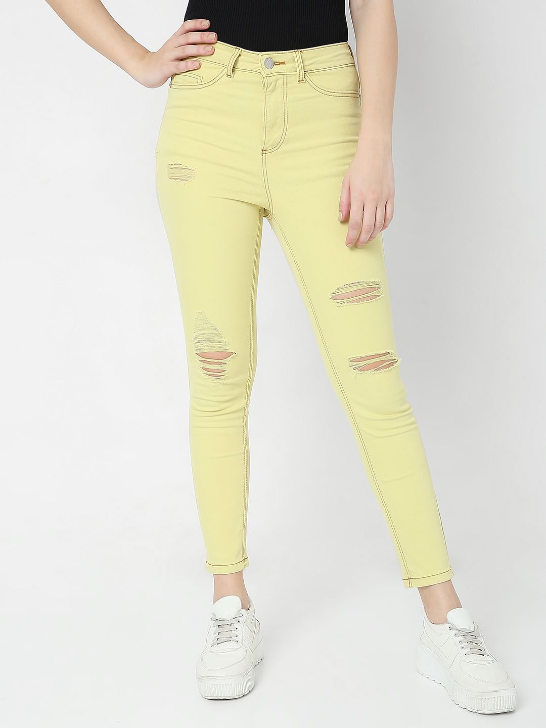 Lime Green Mid Rise Distressed Wendy Skinny Jeans