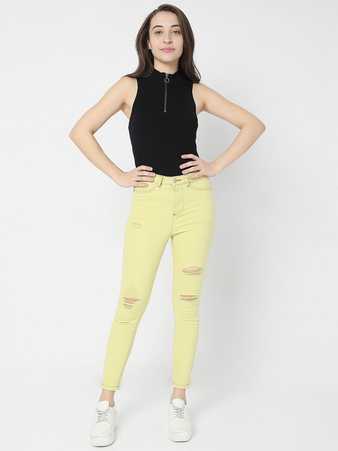 Lime Green Mid Rise Distressed Wendy Skinny Jeans