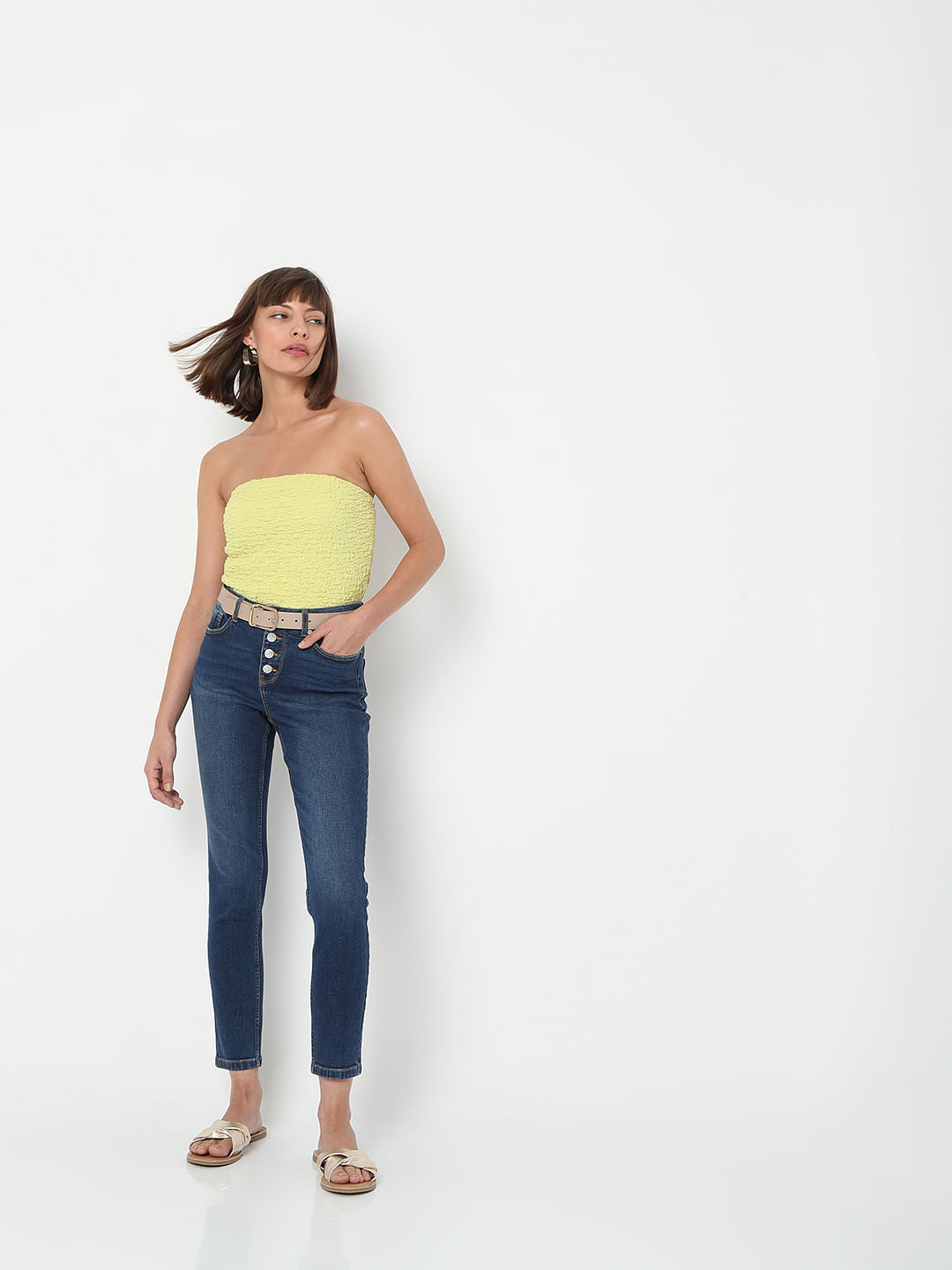 Blue Mid Rise Front Button Flap Wendy Skinny Jeans