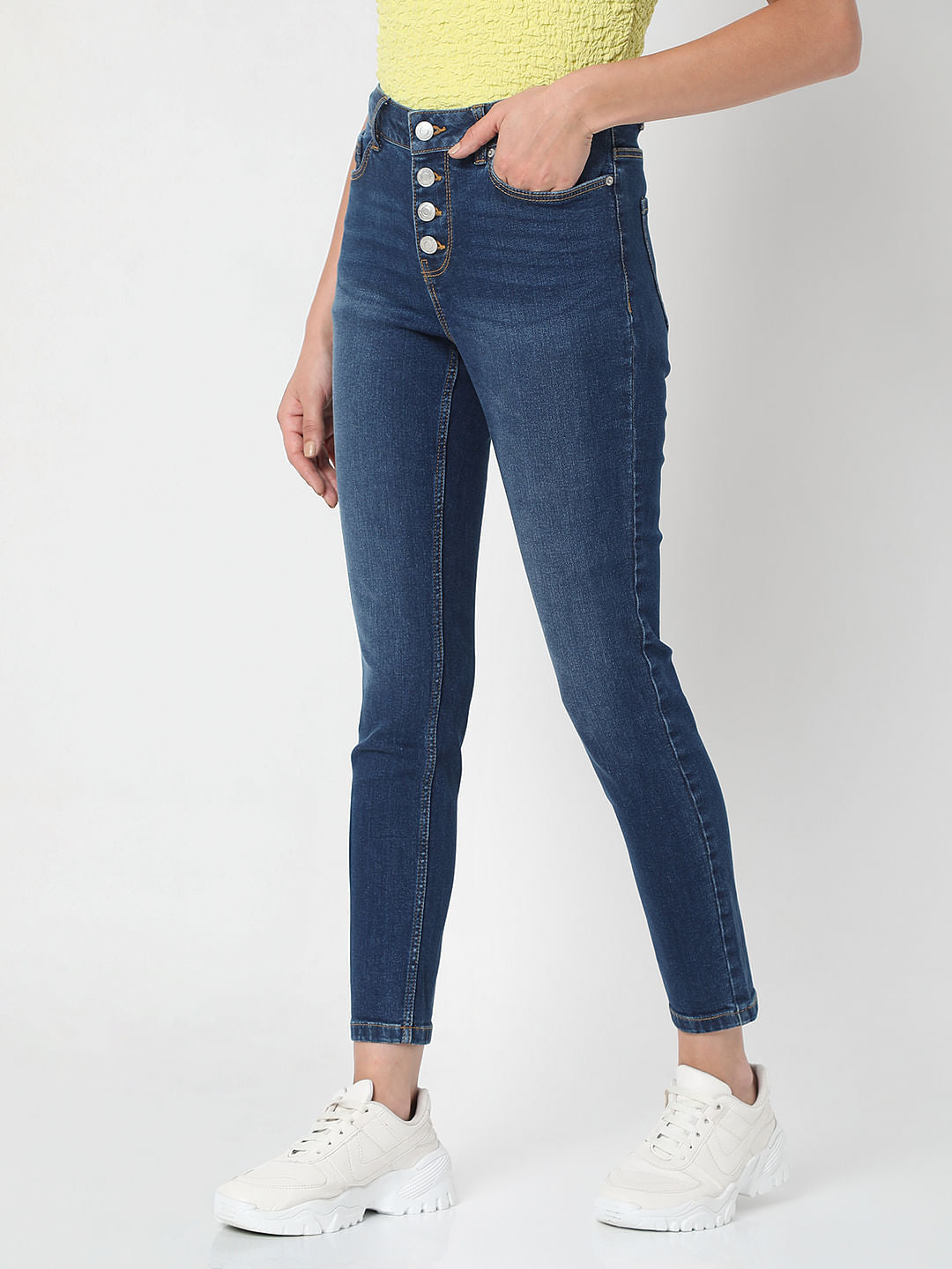 Blue Mid Rise Front Button Flap Wendy Skinny Jeans