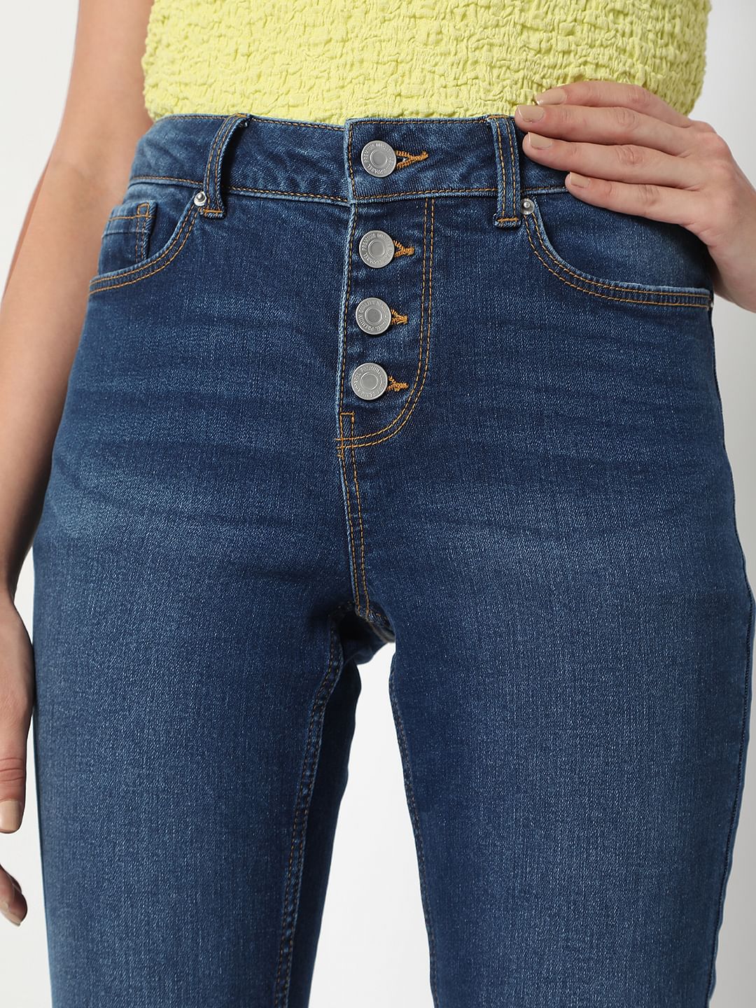 Blue Mid Rise Front Button Flap Wendy Skinny Jeans