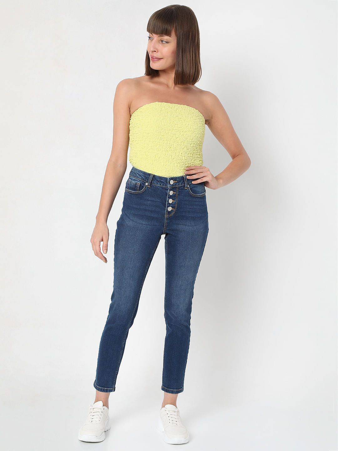 Blue Mid Rise Front Button Flap Wendy Skinny Jeans