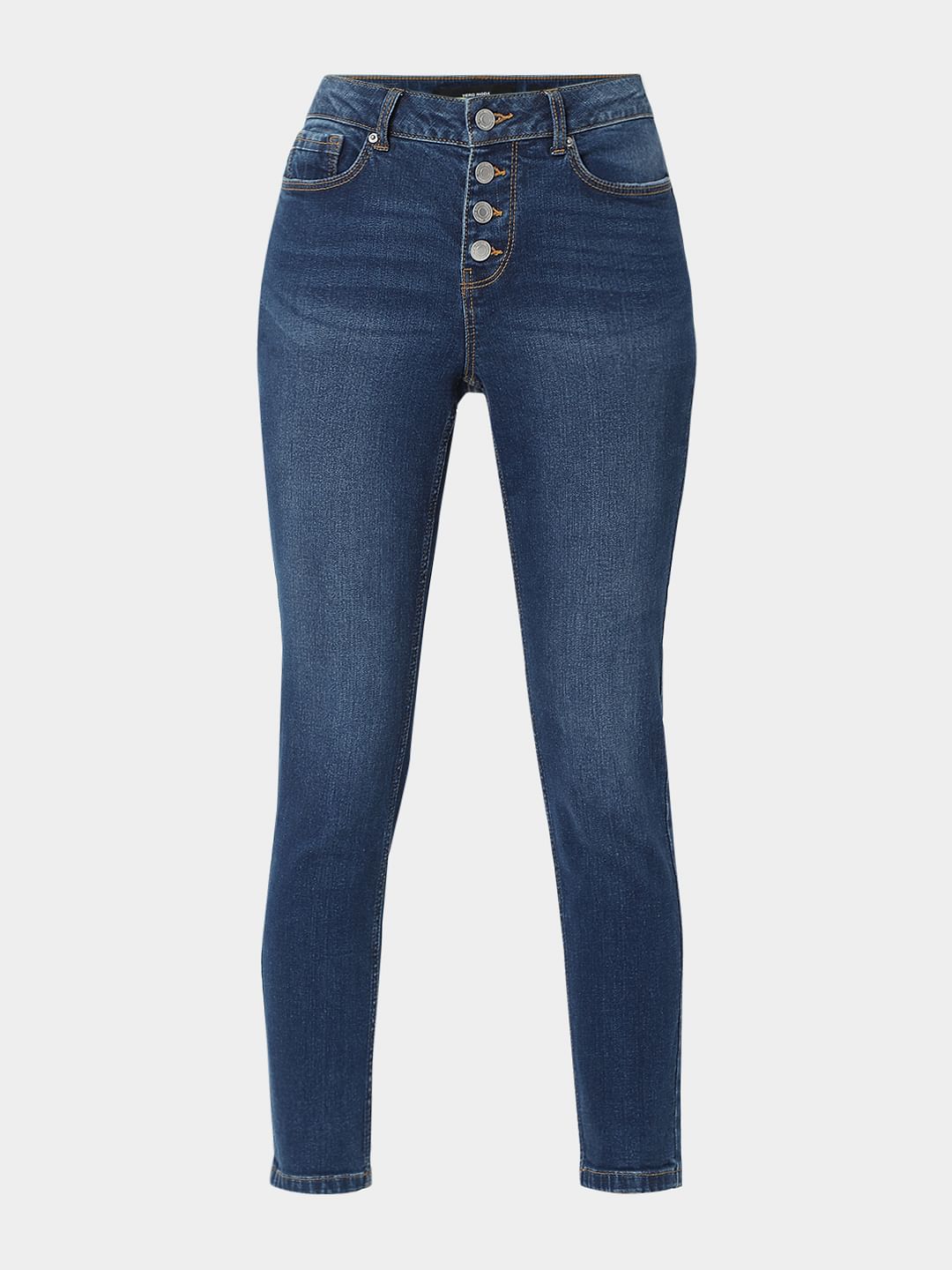 Blue Mid Rise Front Button Flap Wendy Skinny Jeans