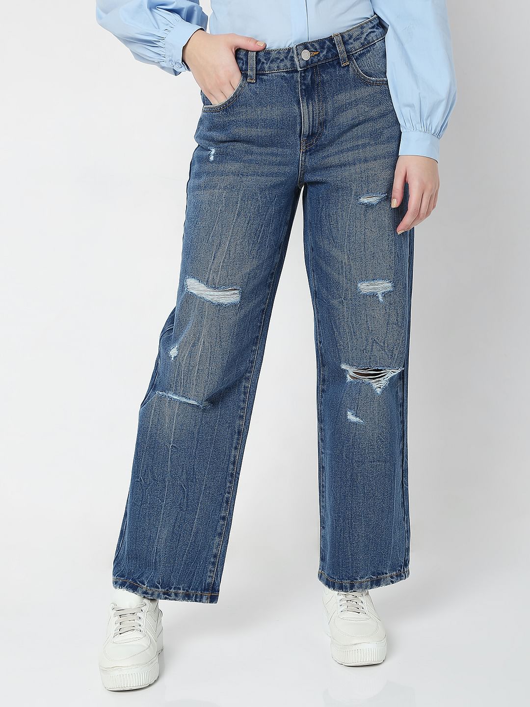 Blue High Waist Wide Leg Torn Jeans