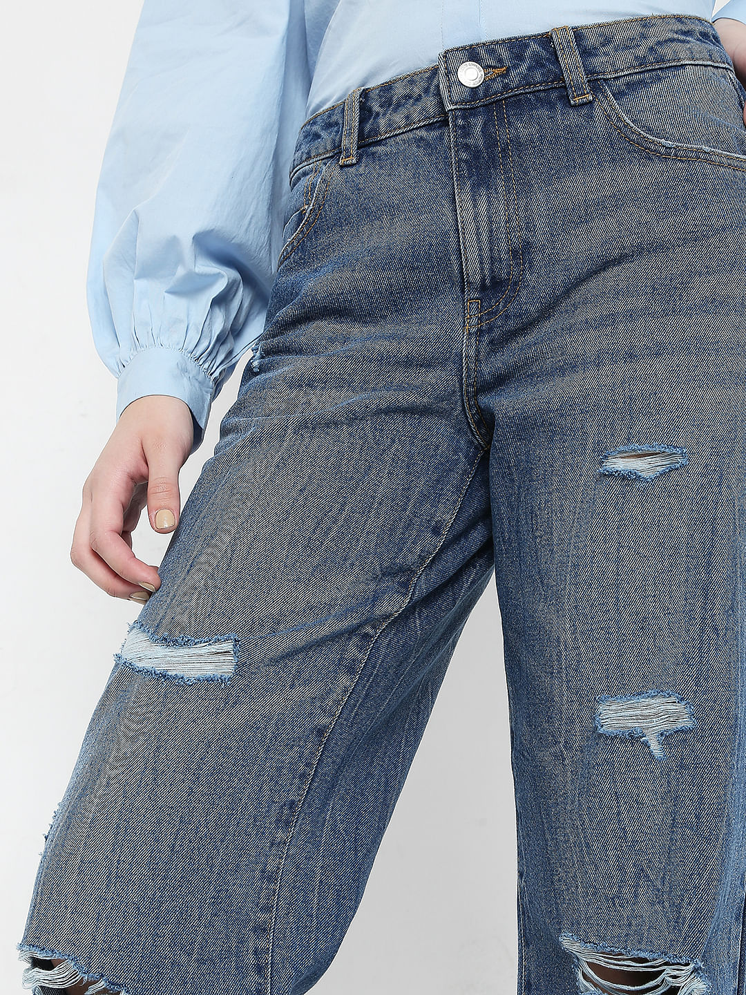 Blue High Waist Wide Leg Torn Jeans